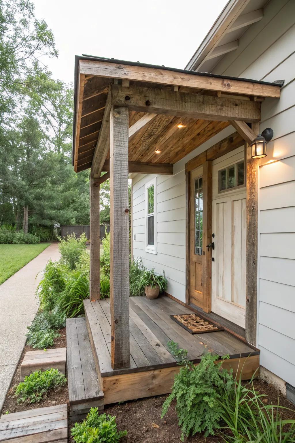 Reclaimed wood overhang for rustic charm.