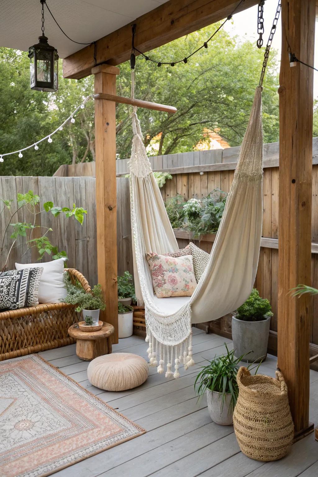 A hammock swing offers ultimate relaxation.