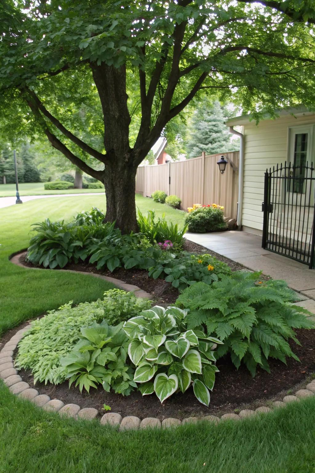 Shade-loving plants transform the space beneath a tree.