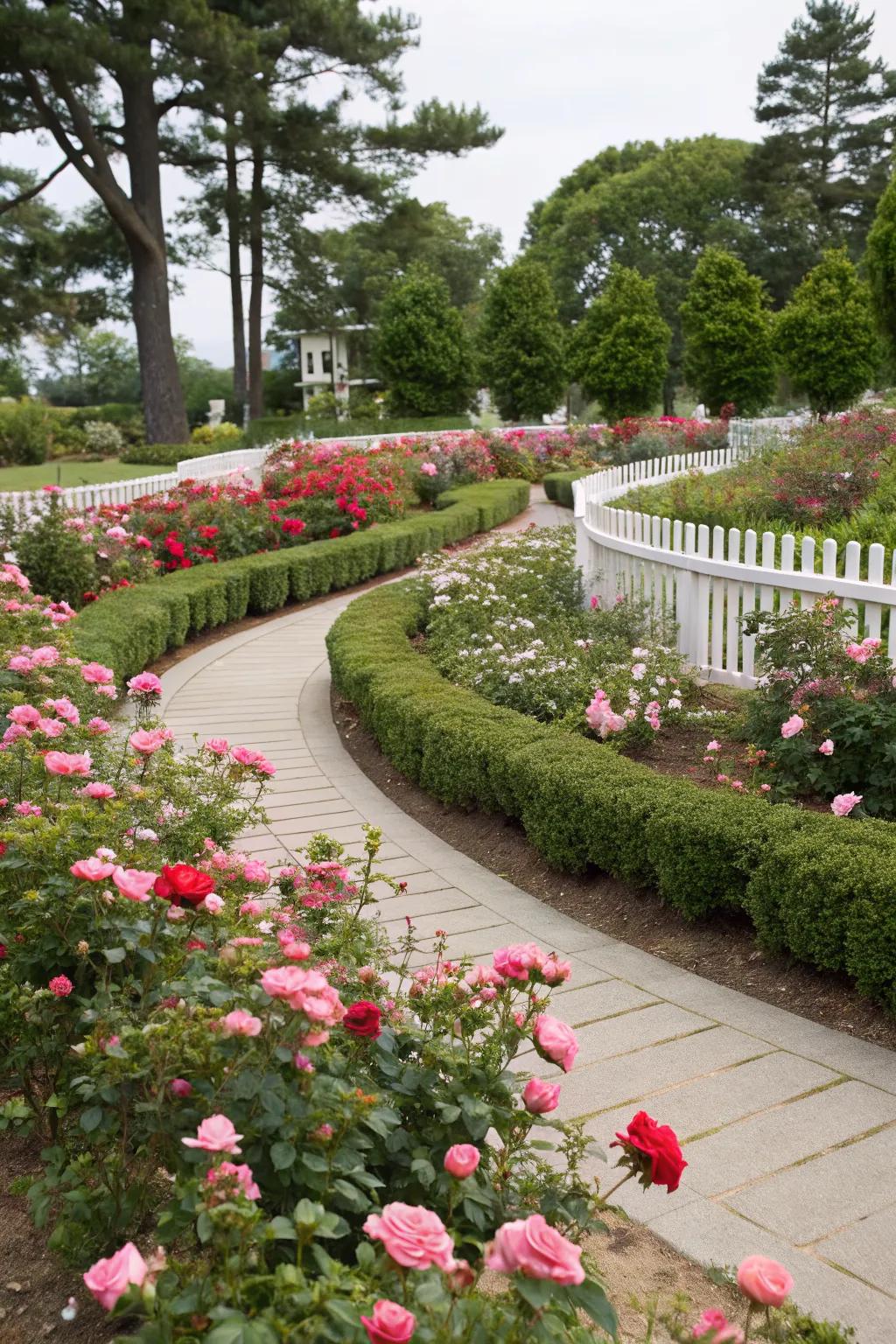 A small garden showcasing curved pathways and rose beds.