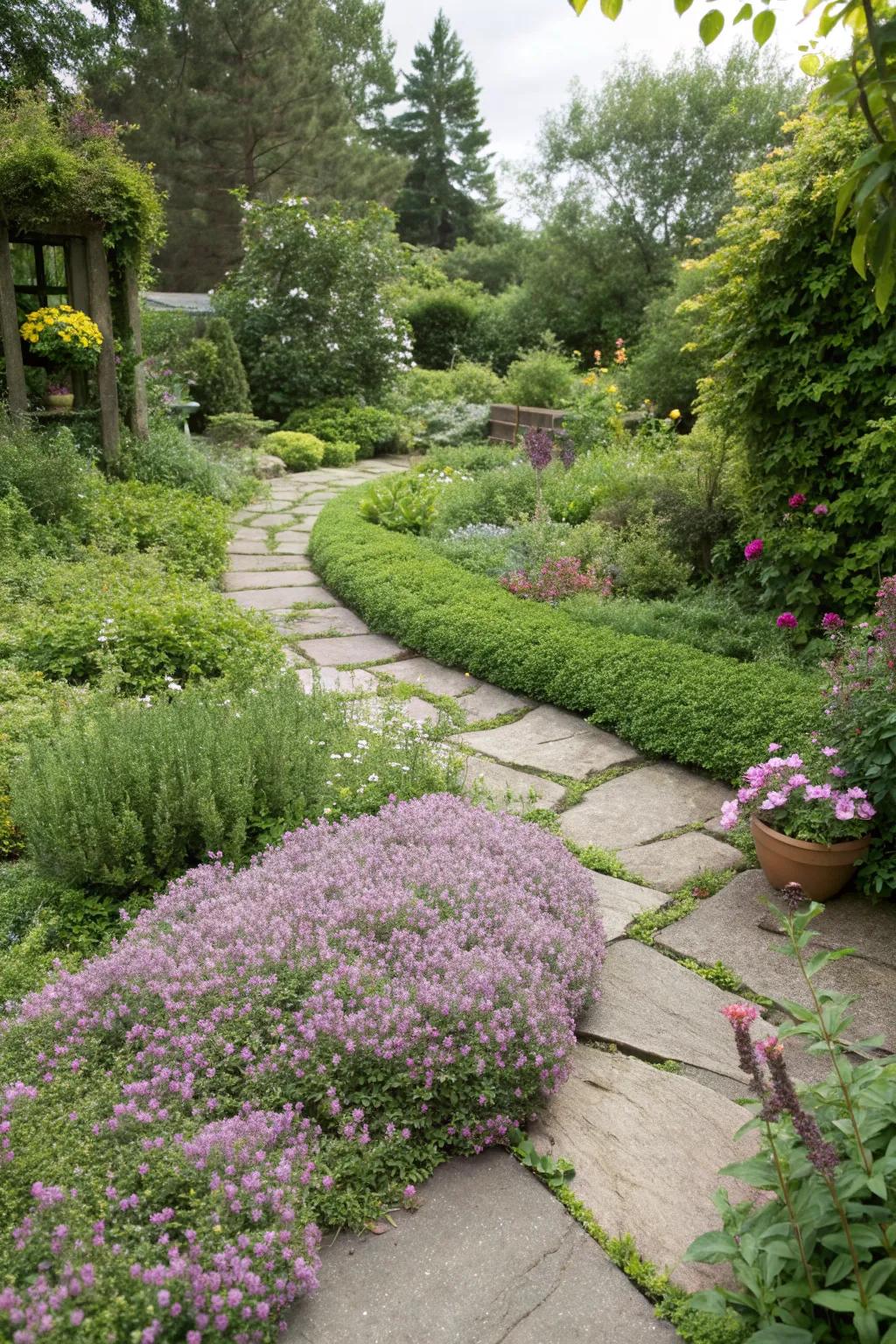 Aromatic creeping thyme borders for lush greenery.