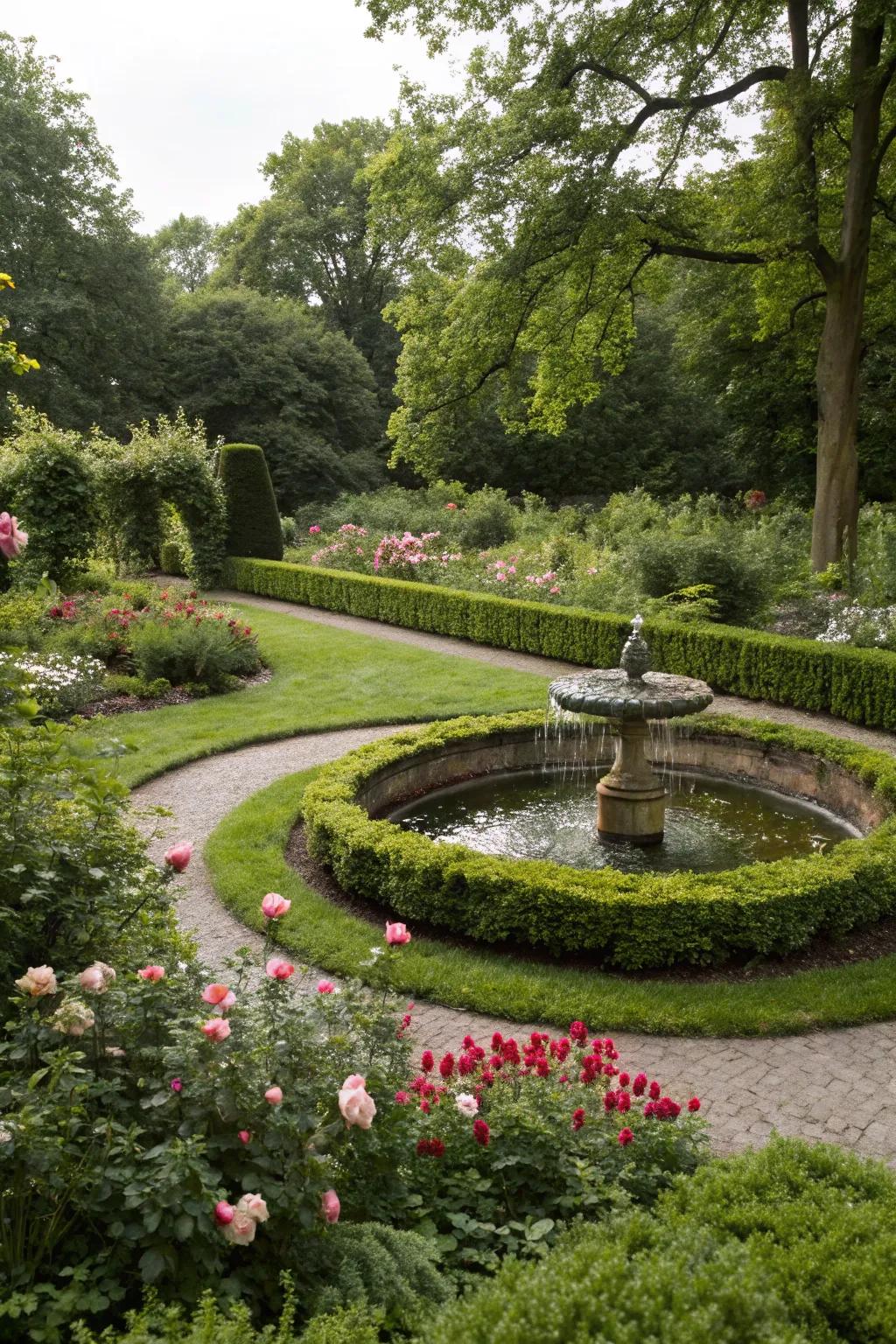 A small water feature adds tranquility near the circular lawn.