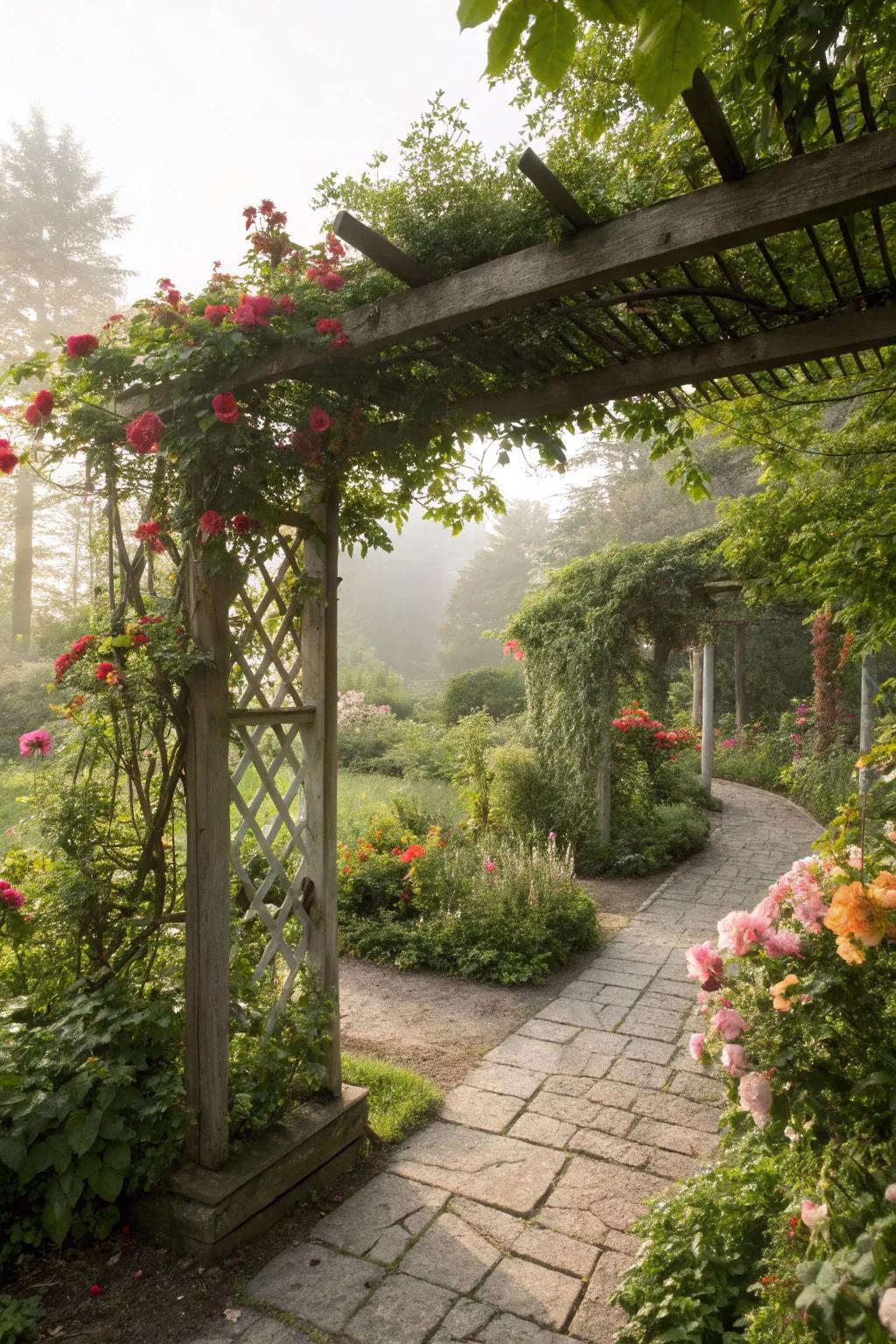 Trellises offer vertical gardening solutions and aesthetic charm.