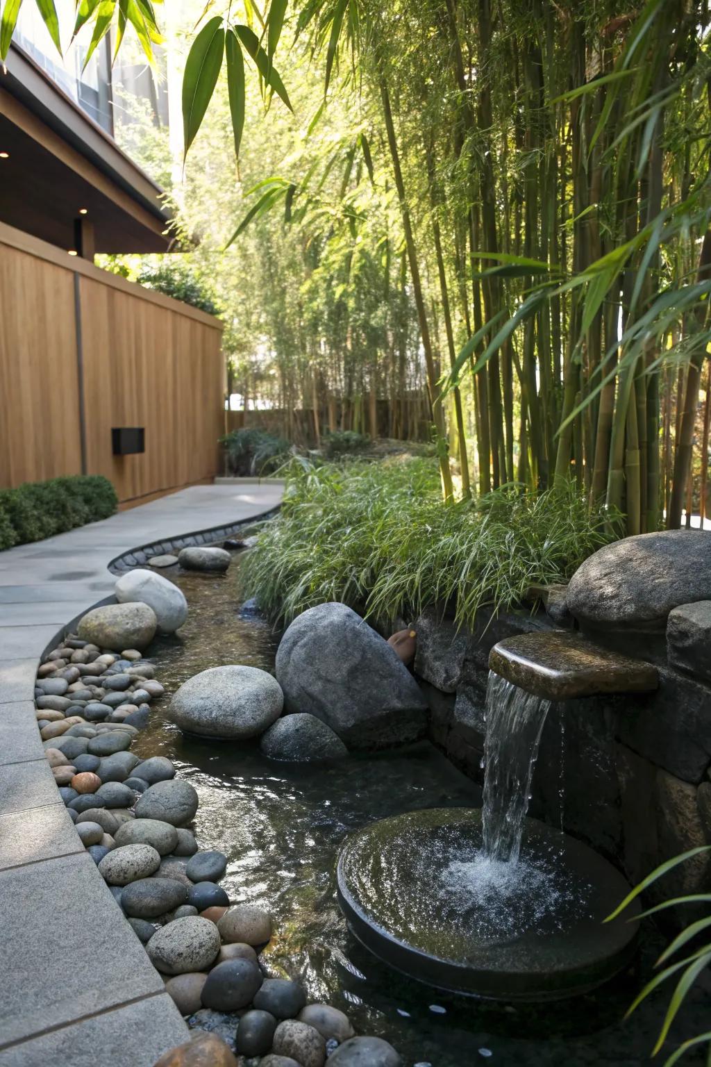 A Zen water feature offers a tranquil sanctuary.