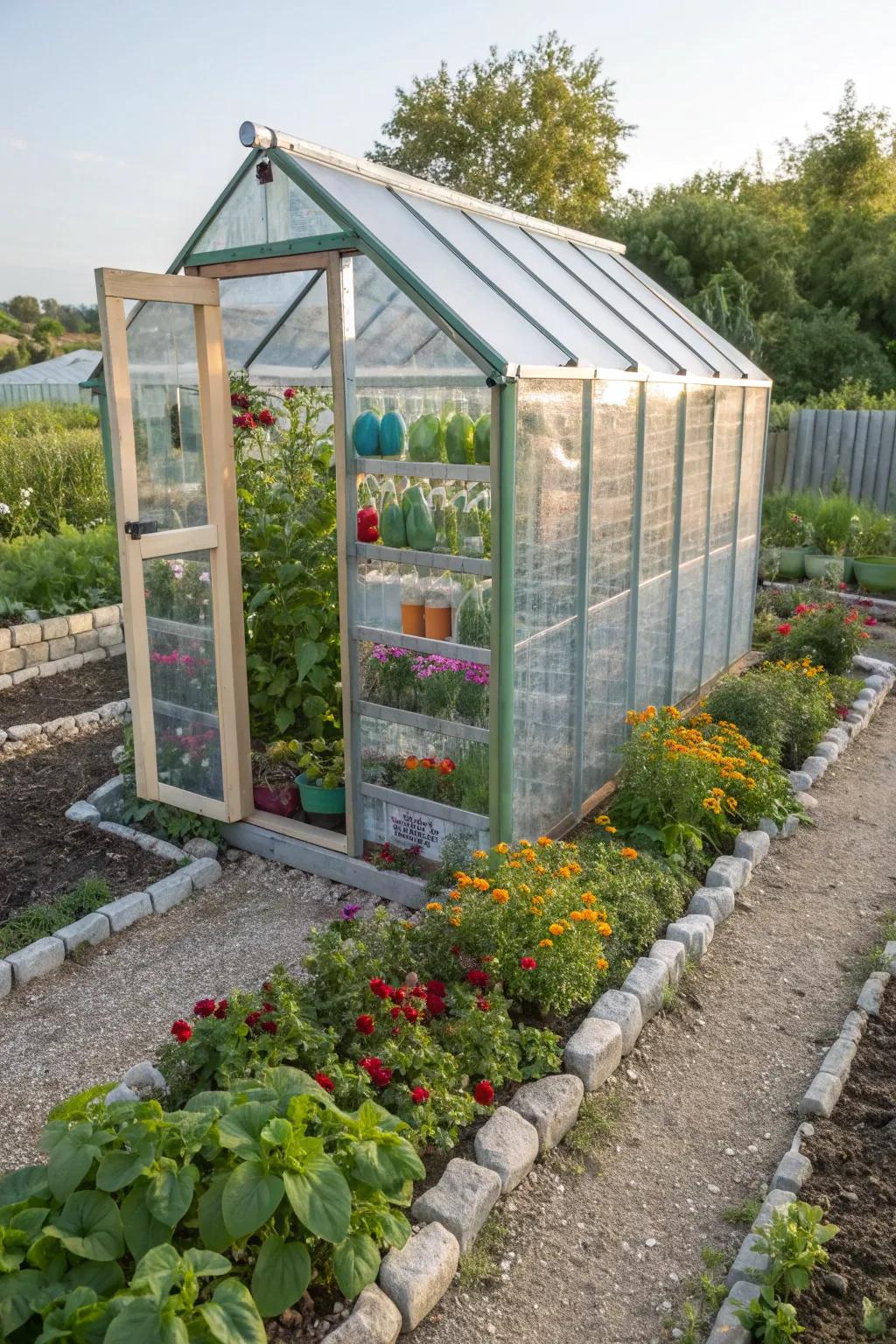 An eco-friendly greenhouse constructed from recycled bottles.