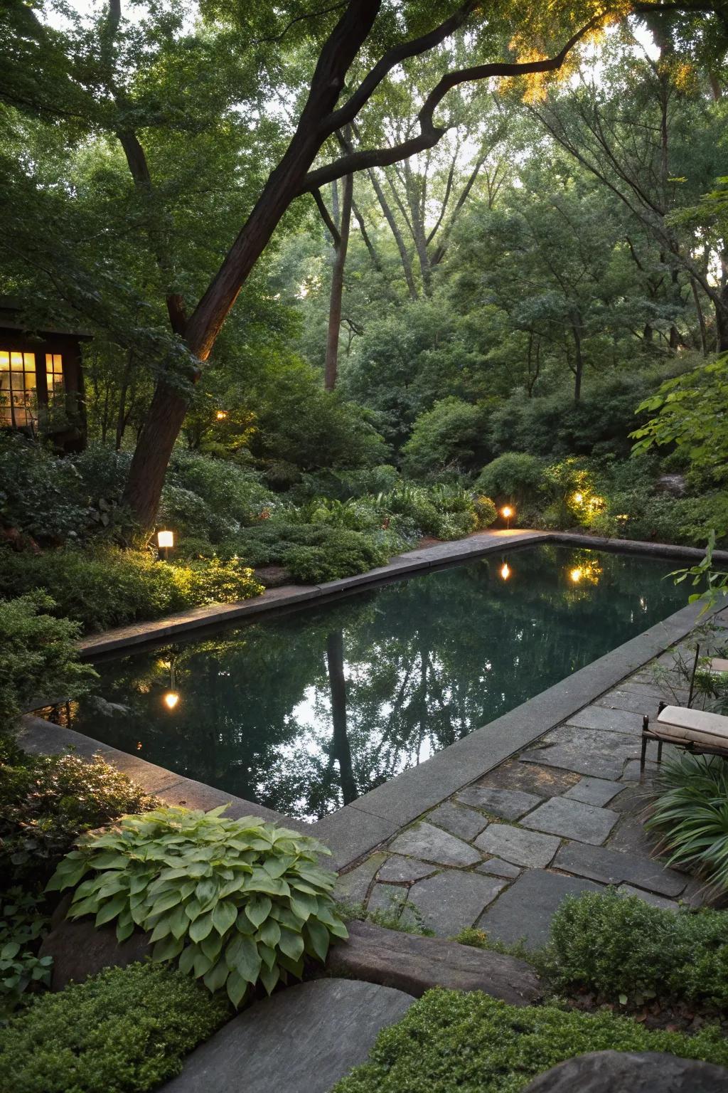 A small reflecting pool adds elegance and tranquility to the garden.