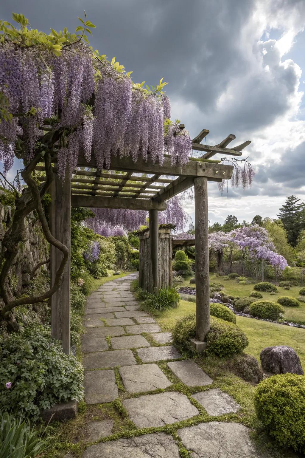 Wisteria vines add a stunning floral display and fragrance.