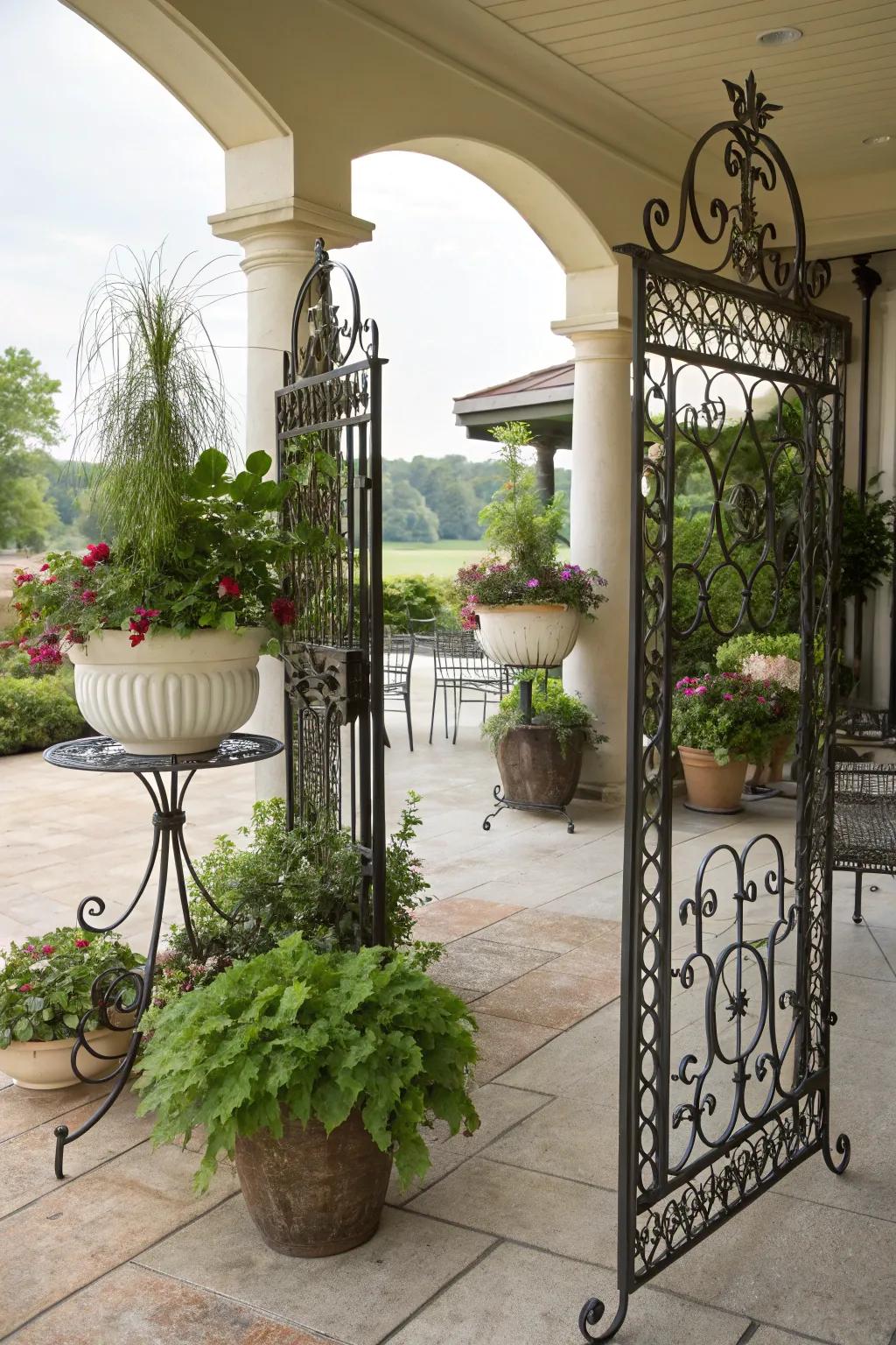 Wrought iron accents add timeless elegance.
