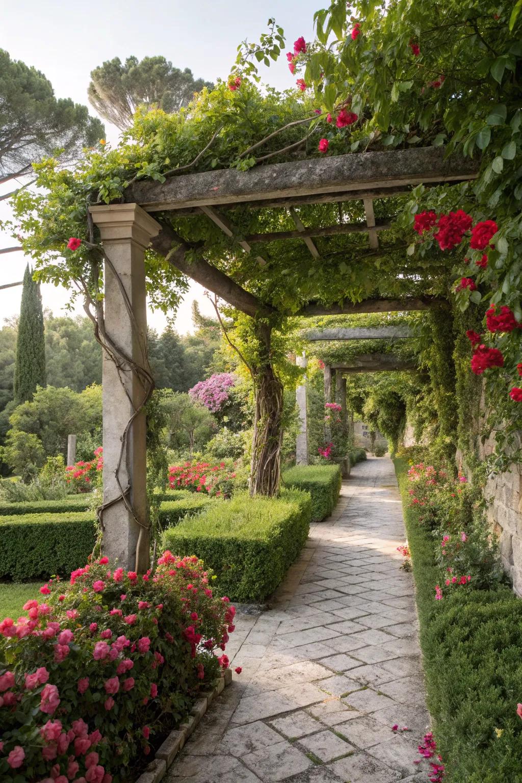 A pergola offers shade and supports climbing plants.