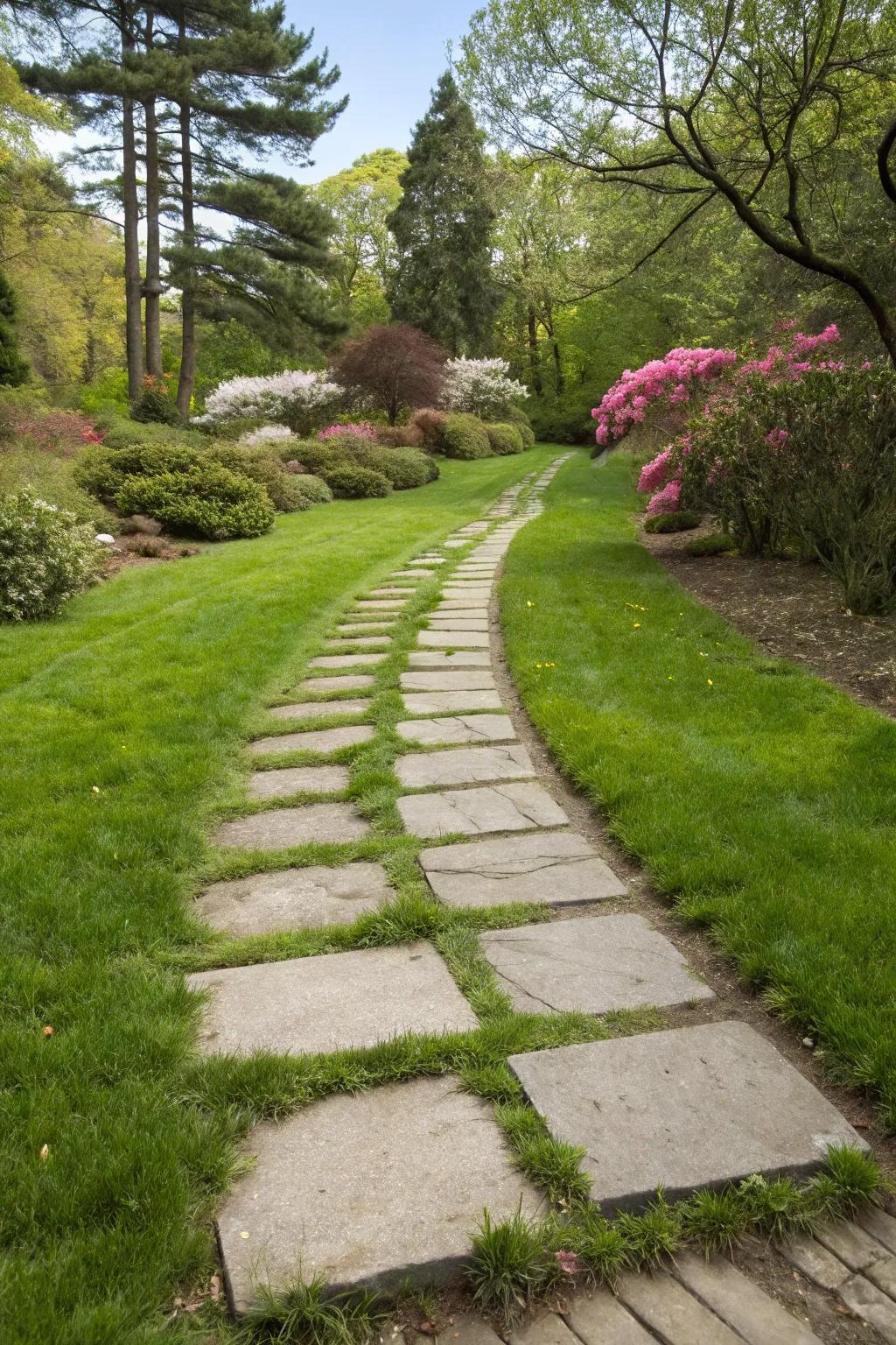 A modern path blending stone slabs with grass.
