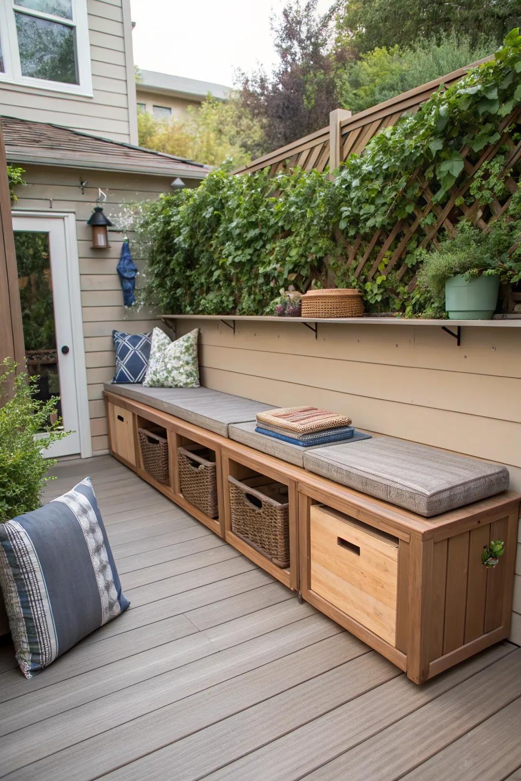 Smart storage solutions keeping a small deck organized.