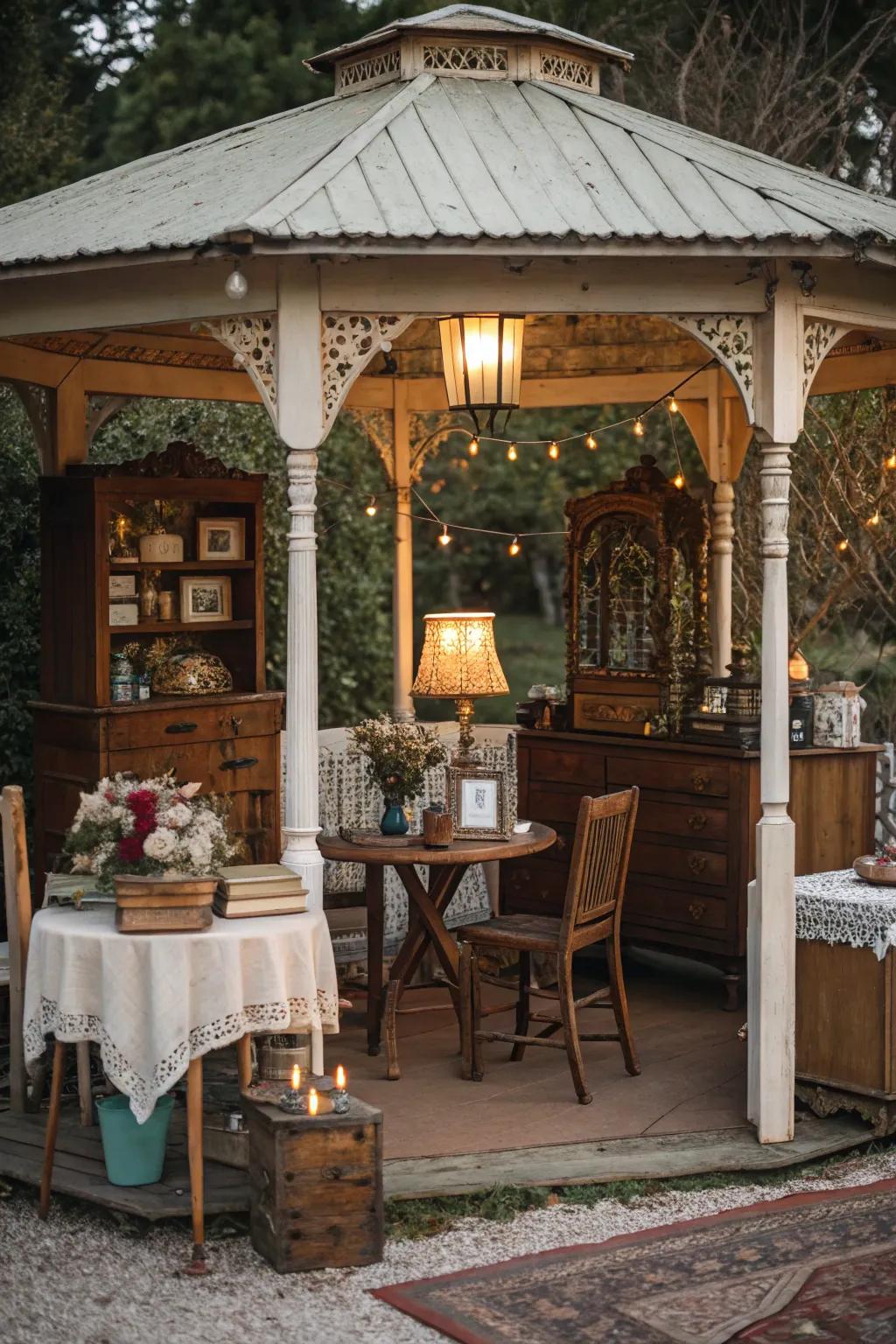 A pavilion exuding vintage charm with antique decor.