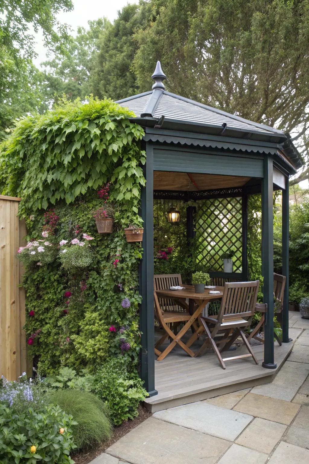 A vertical garden enhancing a small patio gazebo.