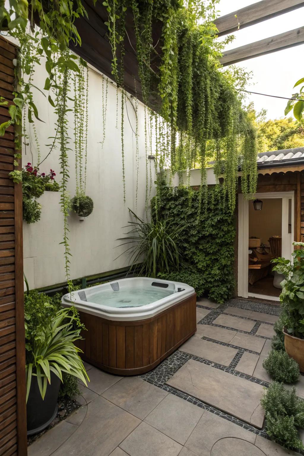 Hanging plants make use of vertical space for added lushness.