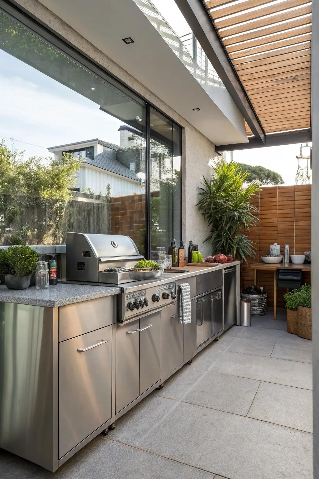 Reflective surfaces enhancing the space in a small patio kitchen.