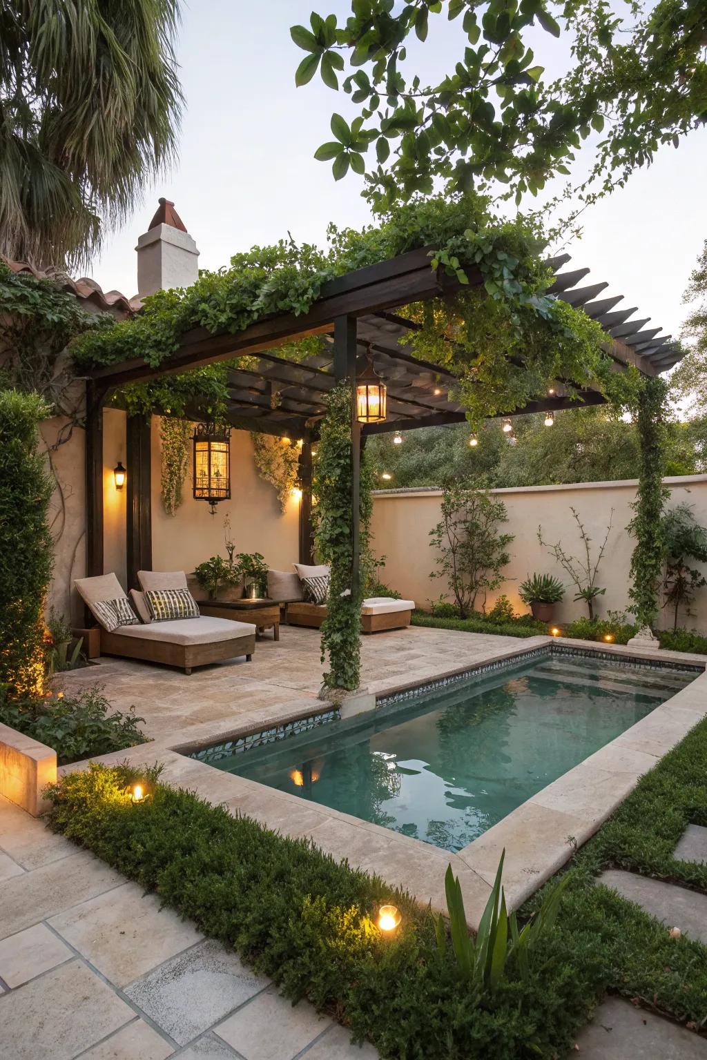 A pergola offers style and shade to a small patio pool.