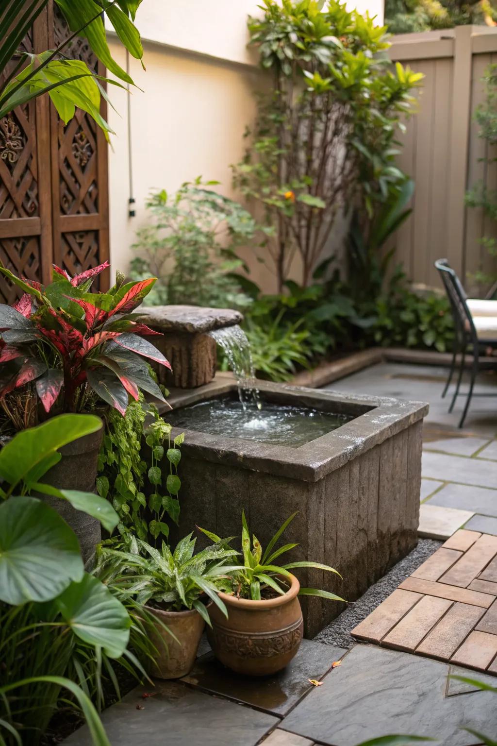 Water features add tranquility and privacy through sound.