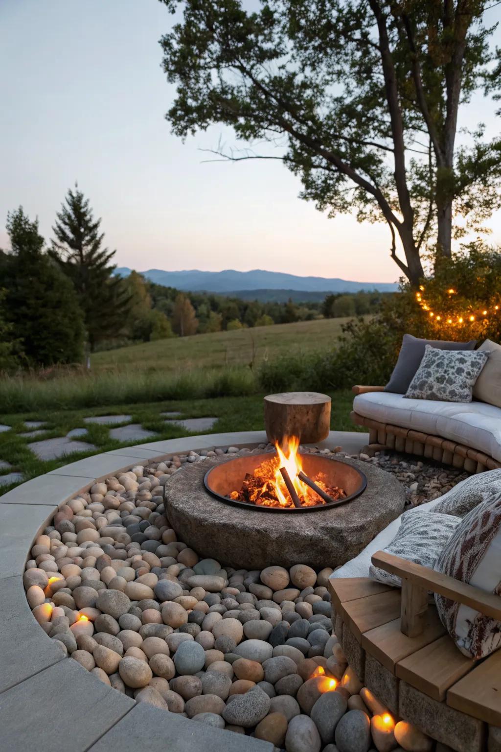 Enhance your fire pit with a pebble surround for cozy gatherings.