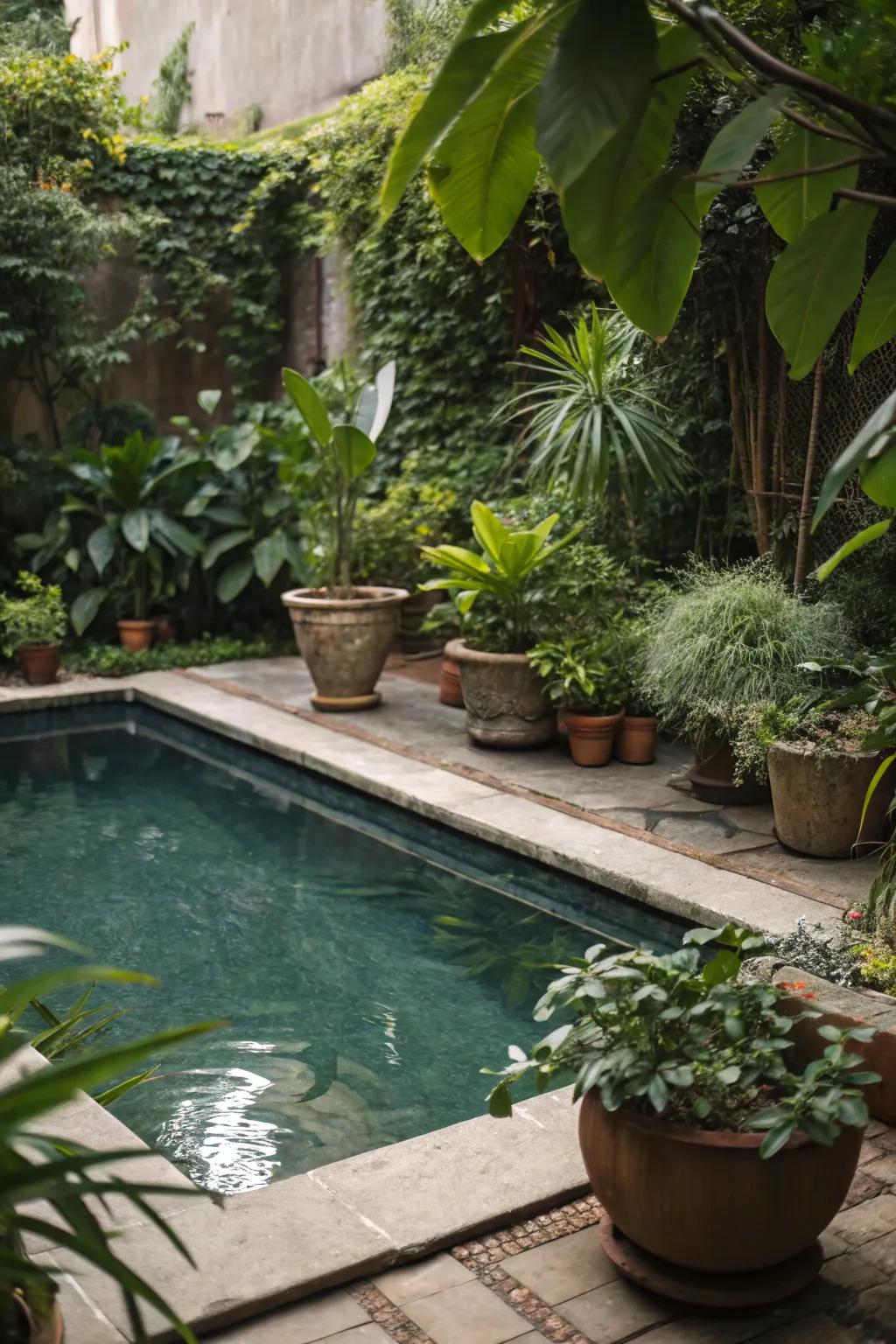 Potted plants providing a lush border around a small pool.