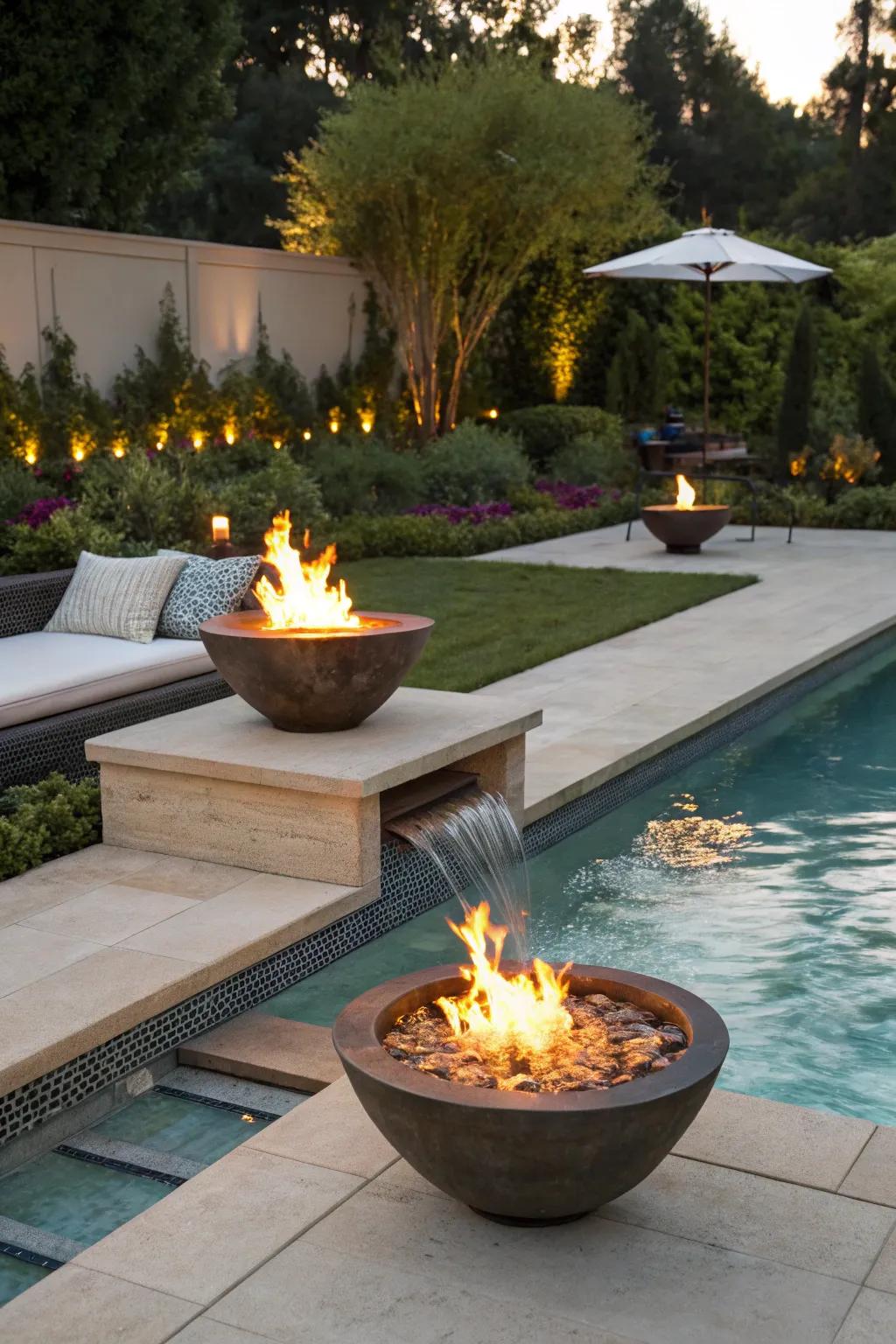Fire features add warmth and luxury to the pool setting.