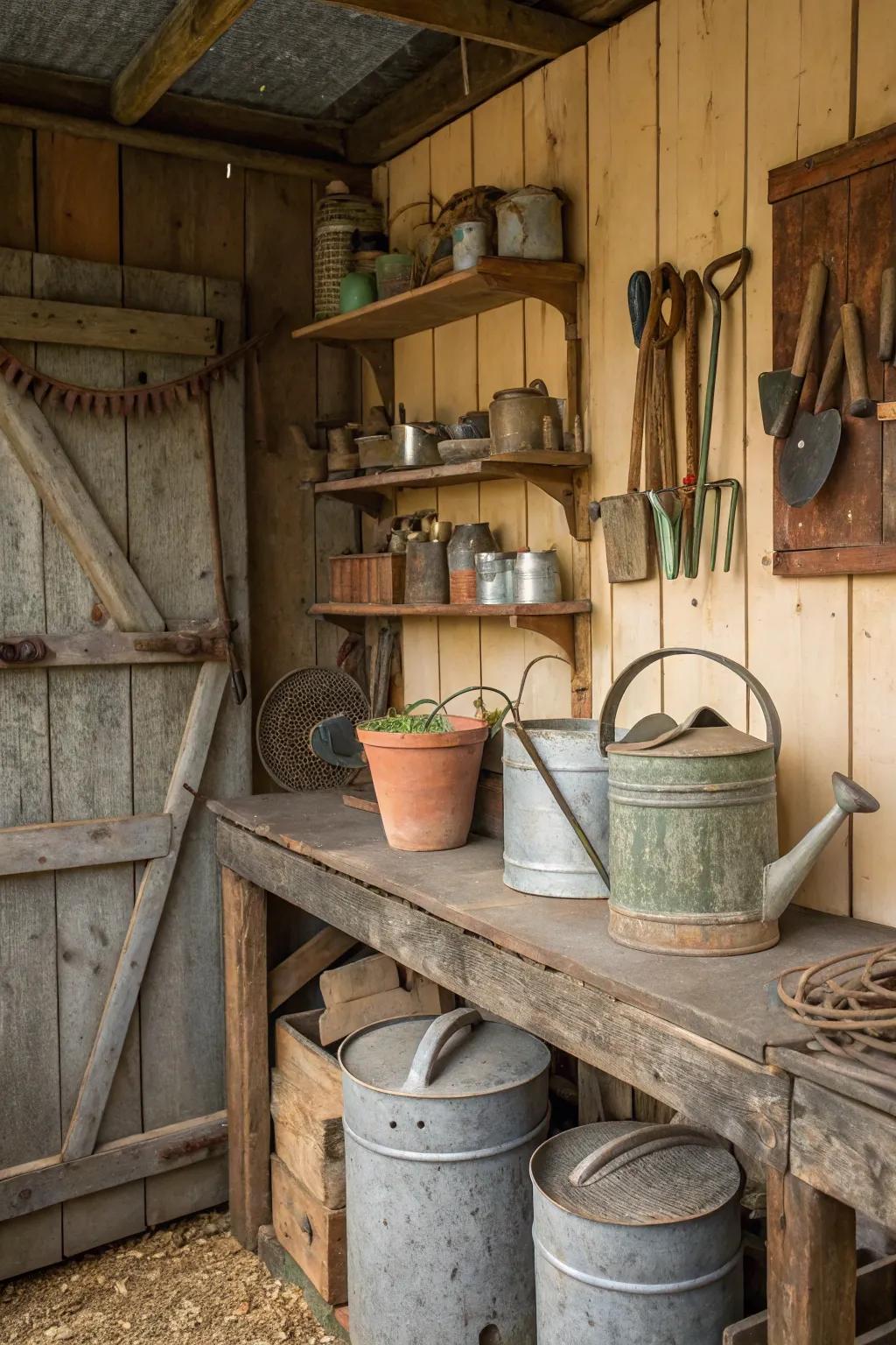 Rustic elements like vintage tools add character to a potting shed.