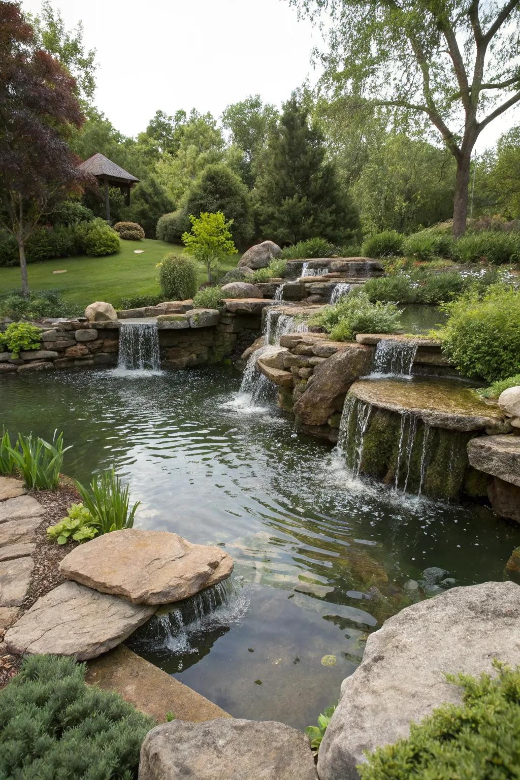 Majestic tiered waterfalls add a dynamic element to this pond.