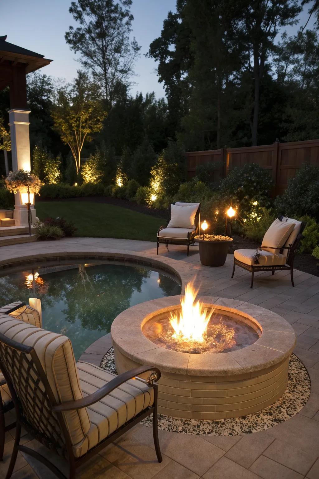 Fire features offer warmth and drama to your poolside.