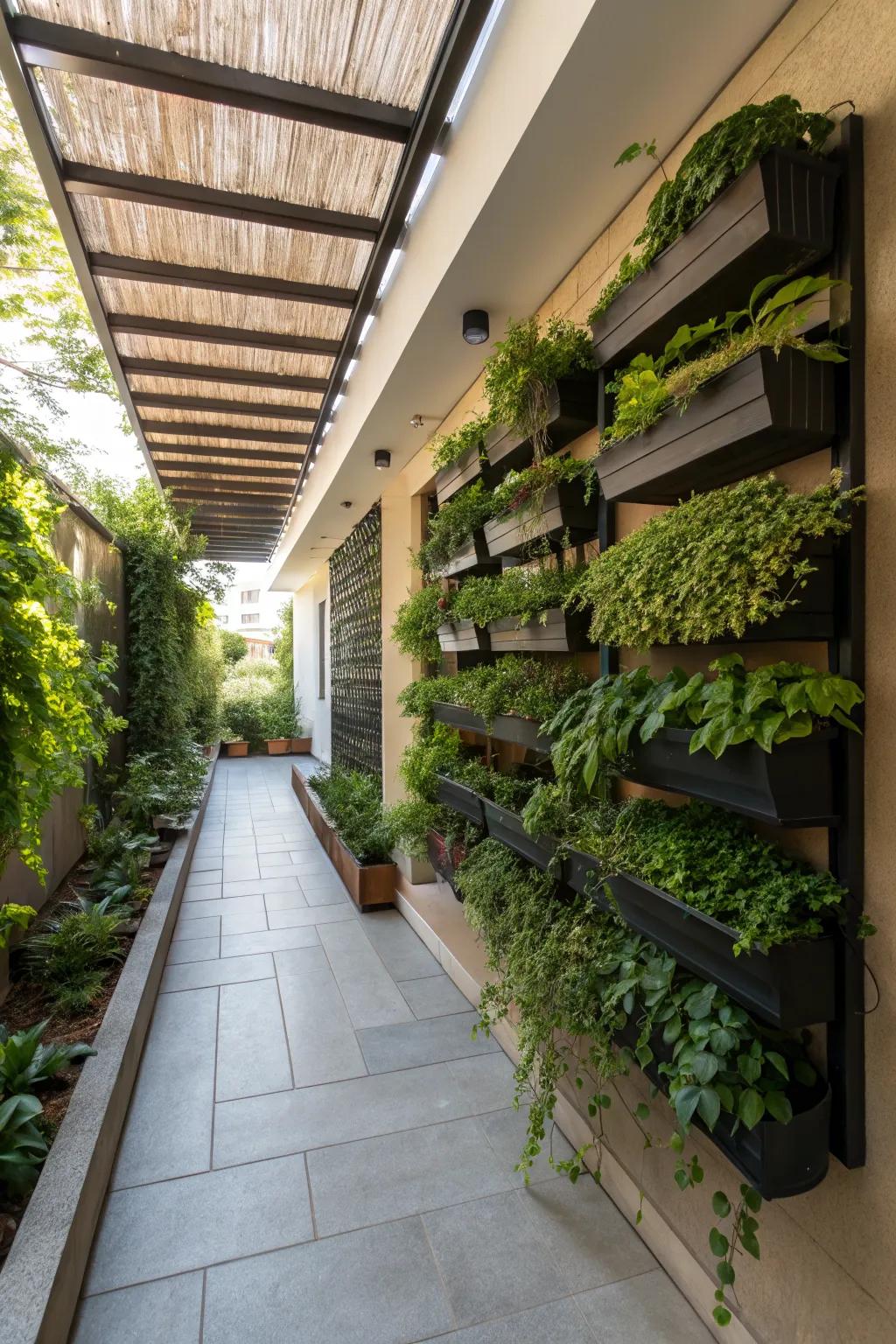 Space-efficient wall planters adding greenery to a small patio.