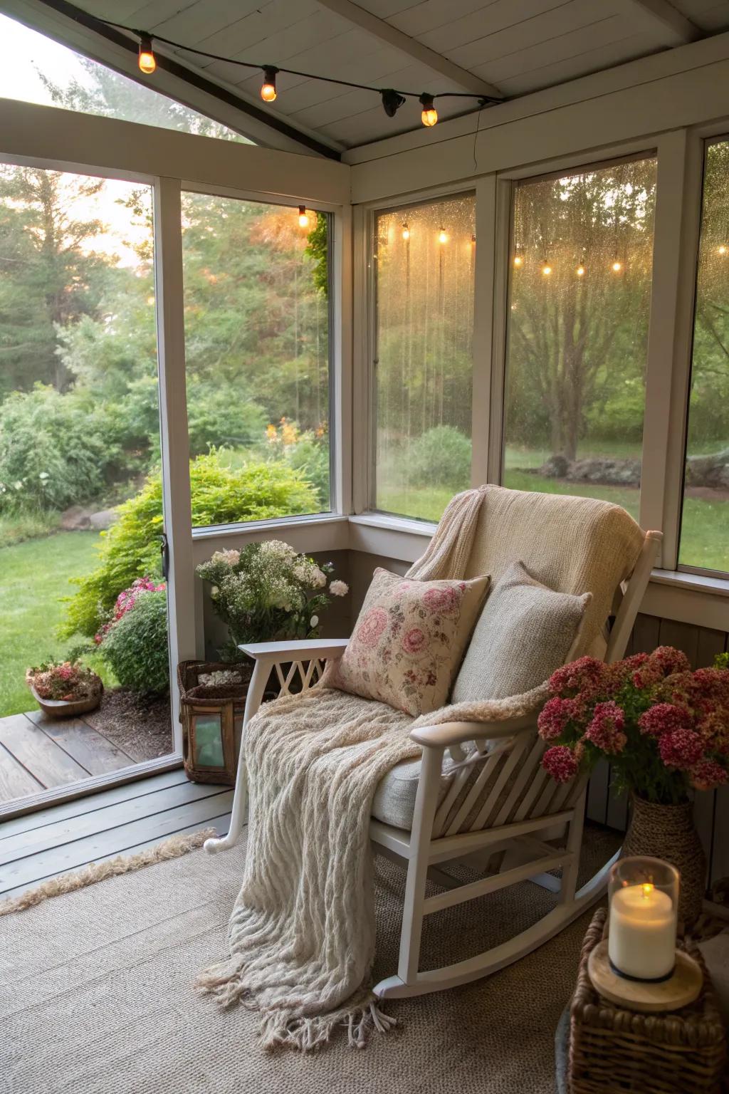 A compact rocking chair provides a cozy spot on a small porch.