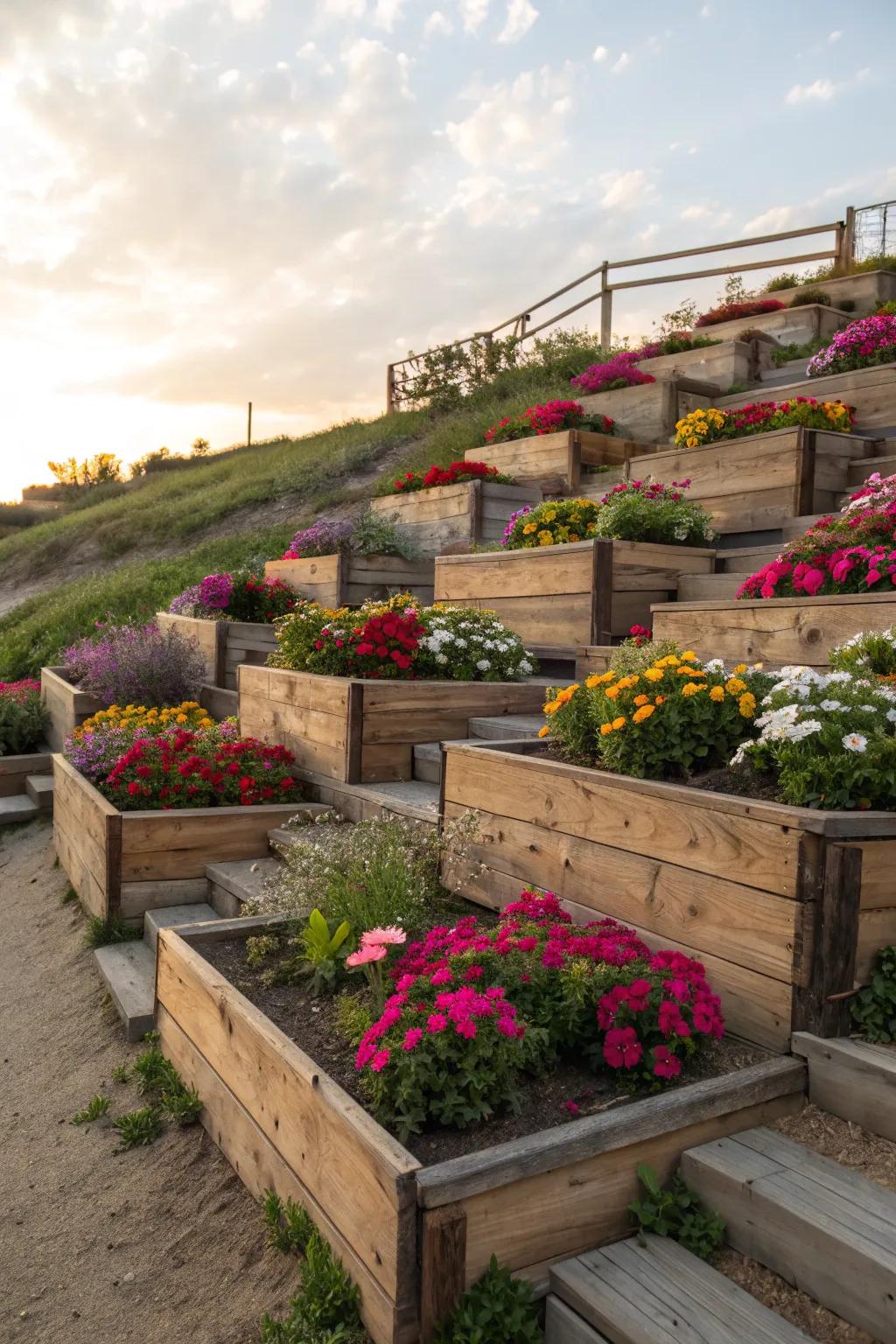 Tiered planters add a cascading floral display.