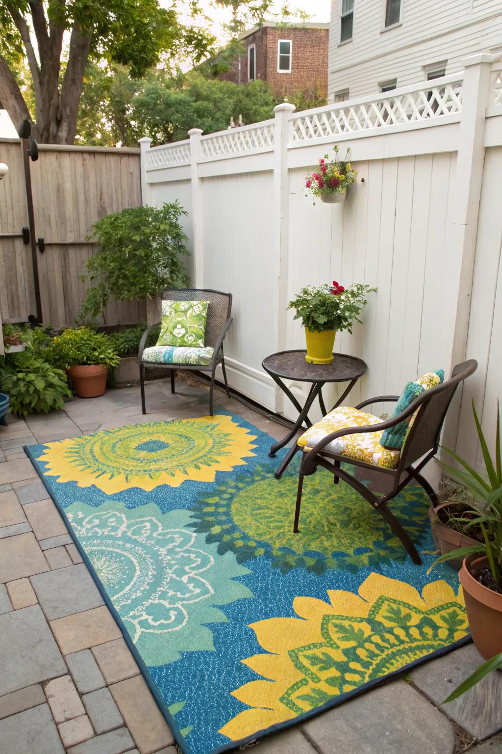 Outdoor rugs define spaces and add color to your courtyard.