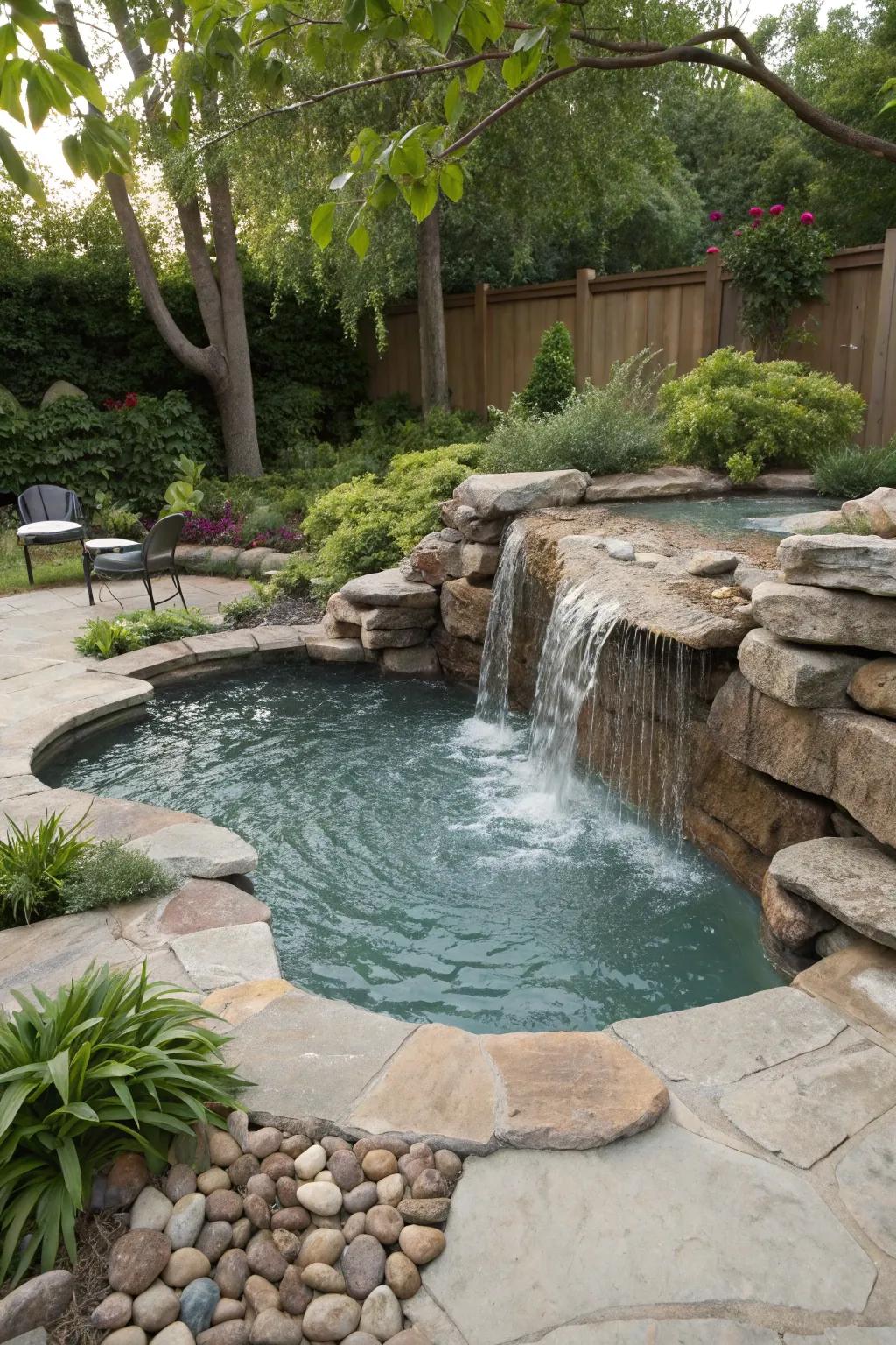 A mini waterfall adds a soothing sound to the splash pool.