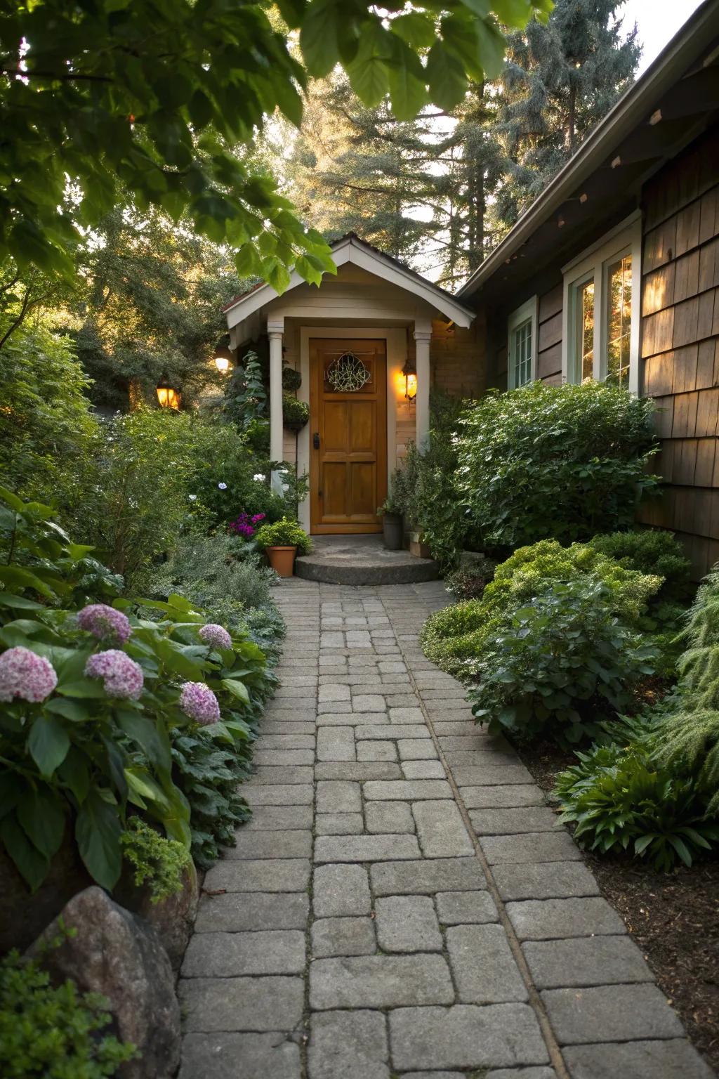 Stone pavers creating a charming pathway to the small porch.