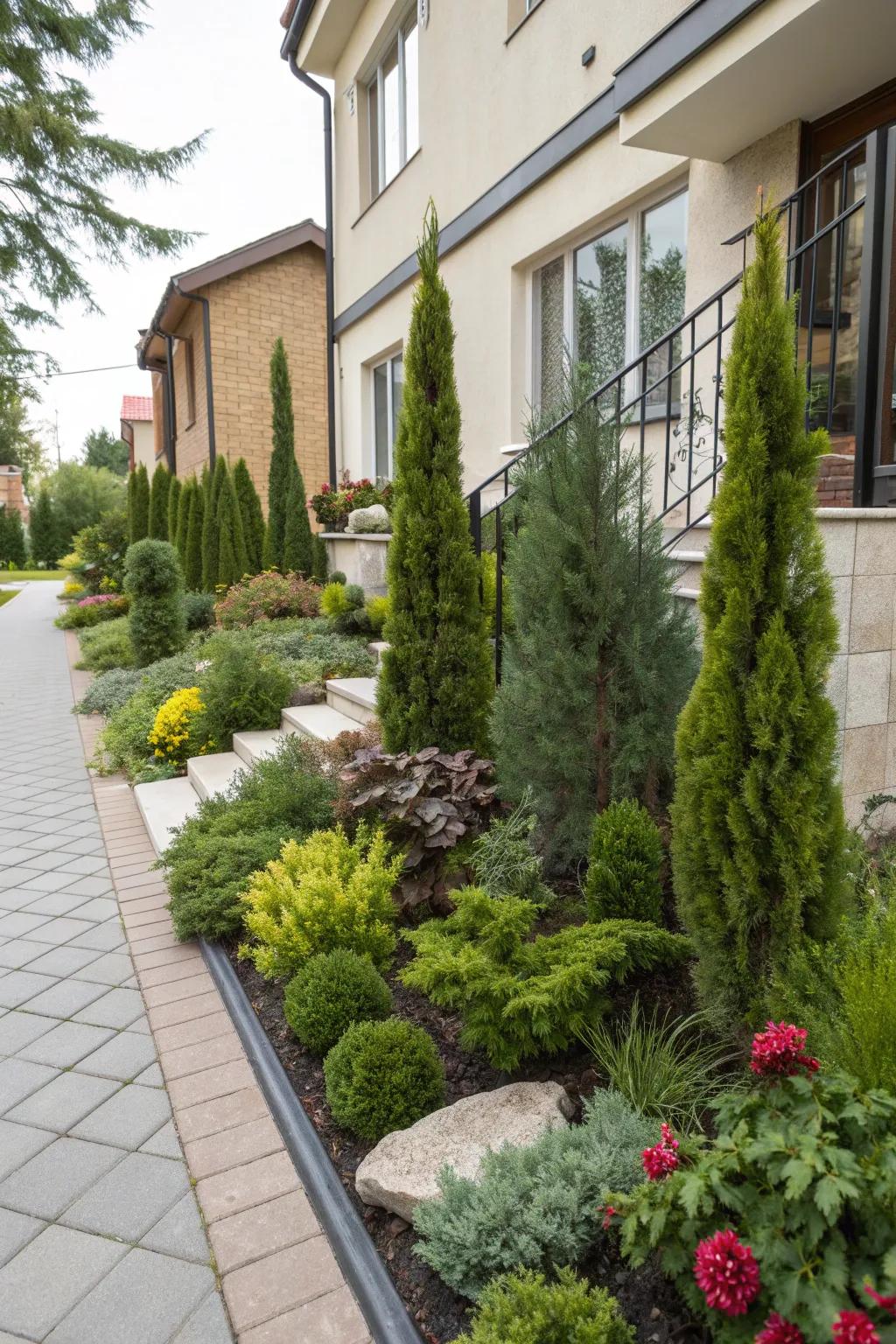 Miniature trees add vertical interest in this charming townhouse front garden.