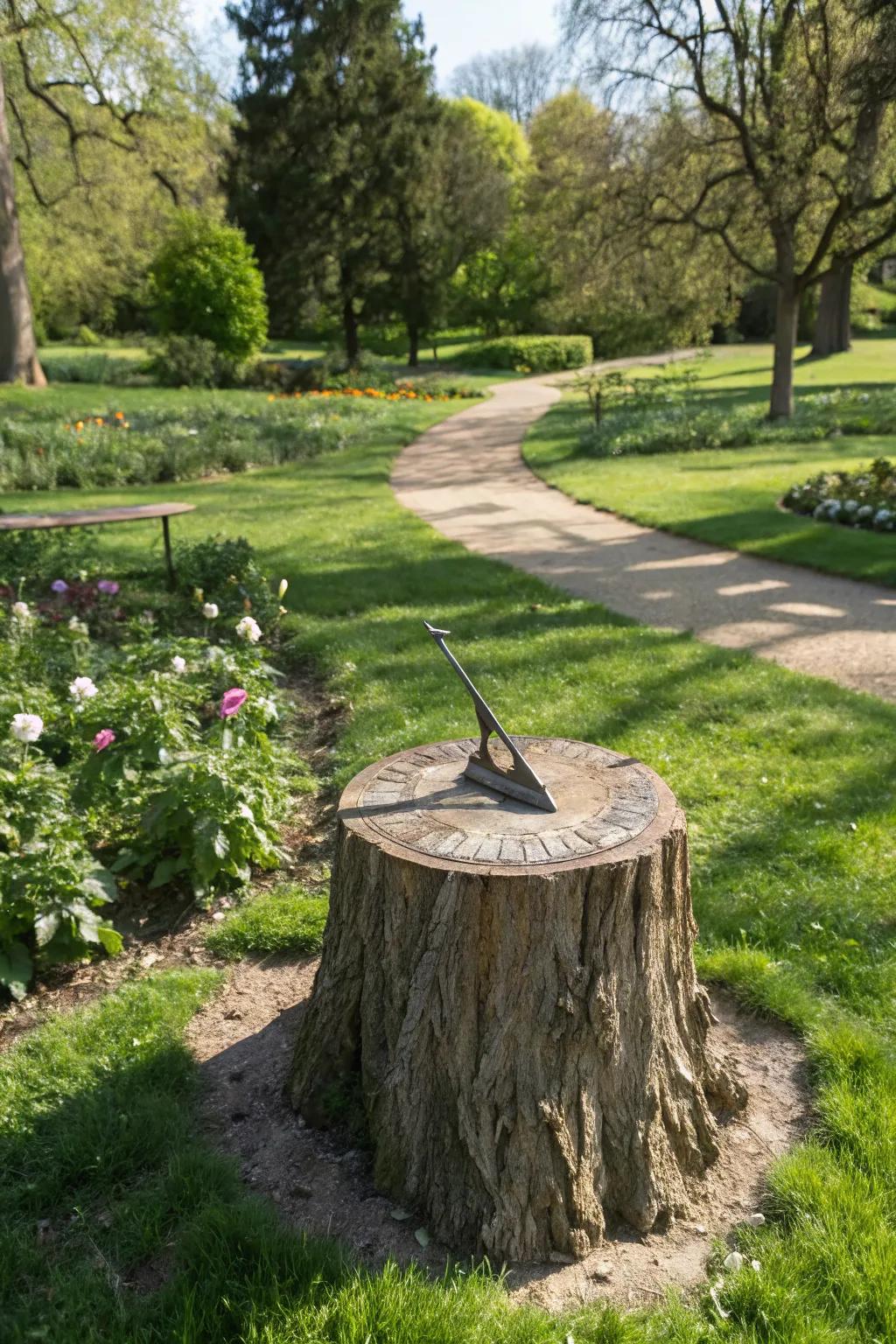 A functional garden sundial on a small tree stump.