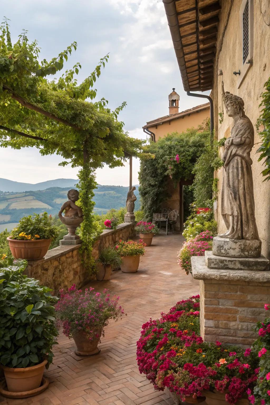 Sculptures add cultural depth to this Tuscan patio.