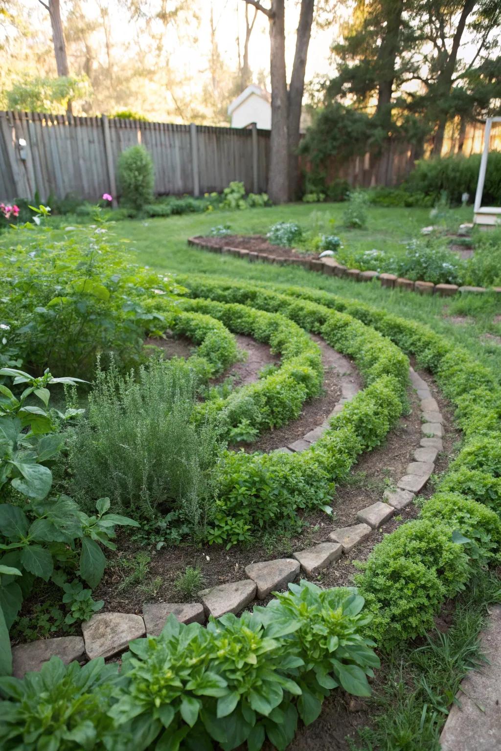 A creative herb spiral in a small garden, perfect for fresh herbs
