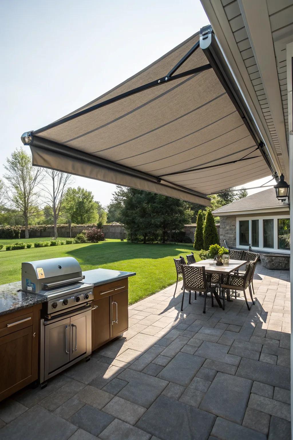 A retractable awning offers flexible shade solutions.