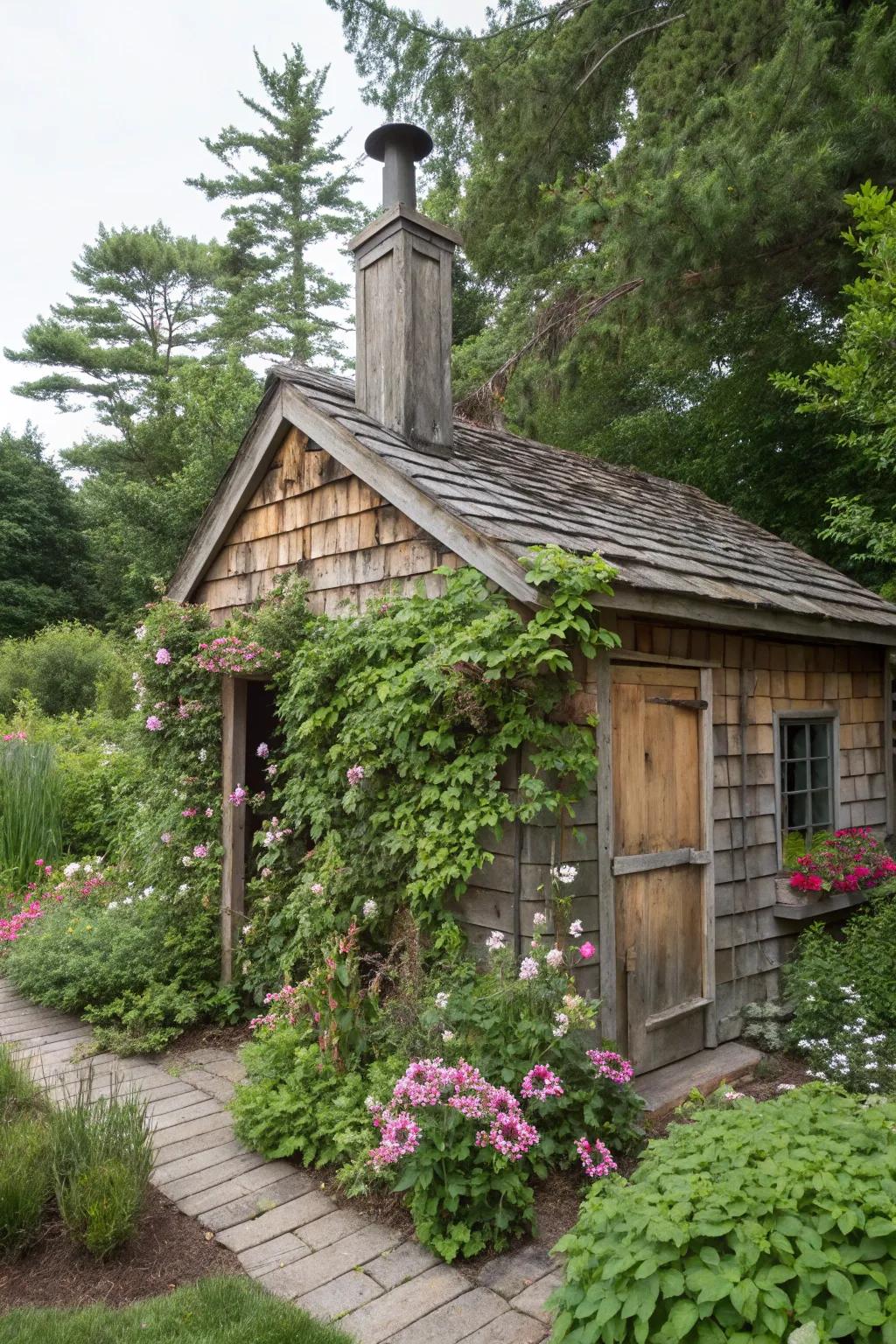 A smokehouse beautifully integrated with garden aesthetics.