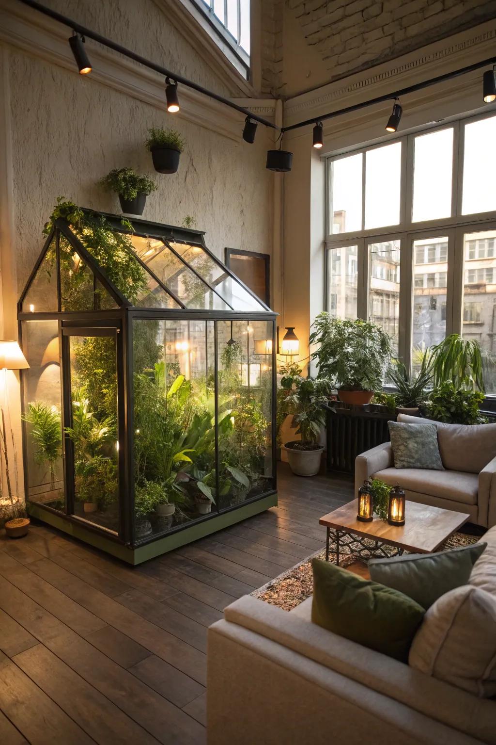 A miniature greenhouse adds freshness and calm.