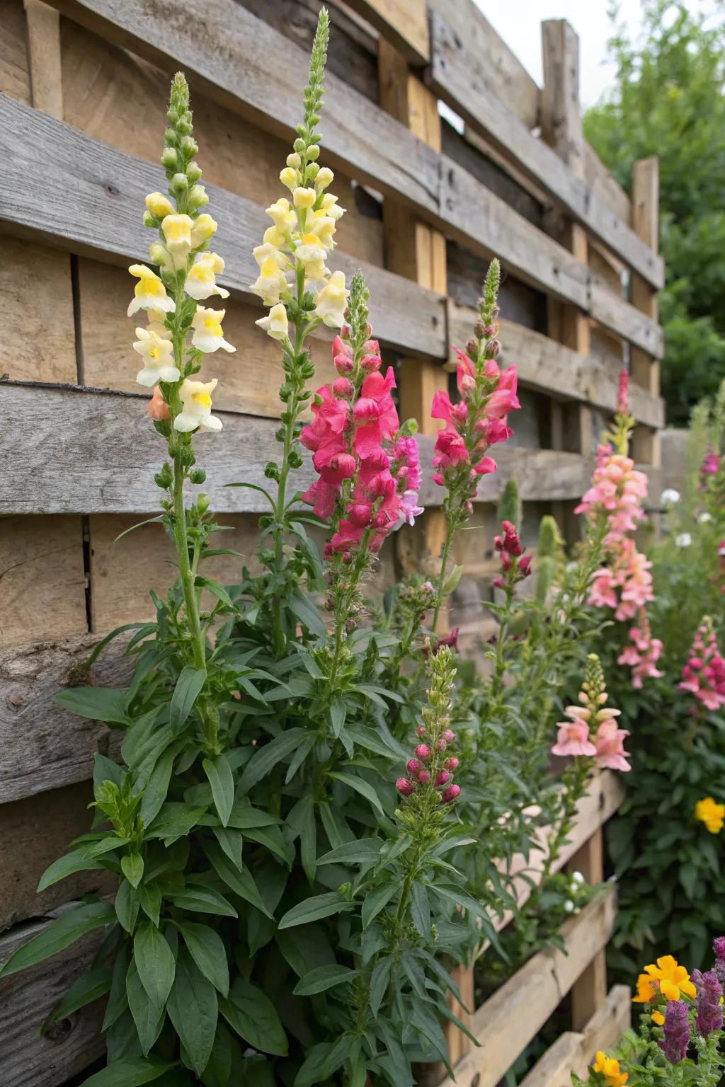 Eco-friendly pallet planters showcasing snapdragons, perfect for small urban gardens.