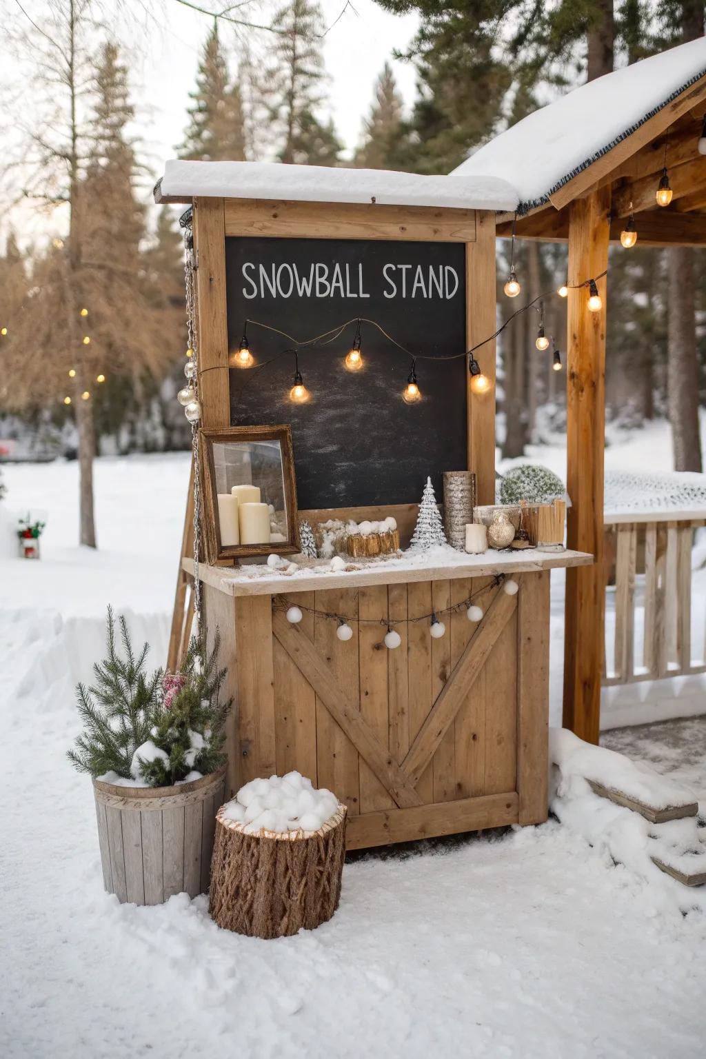 A charming snowball stand with a personalized chalkboard menu.