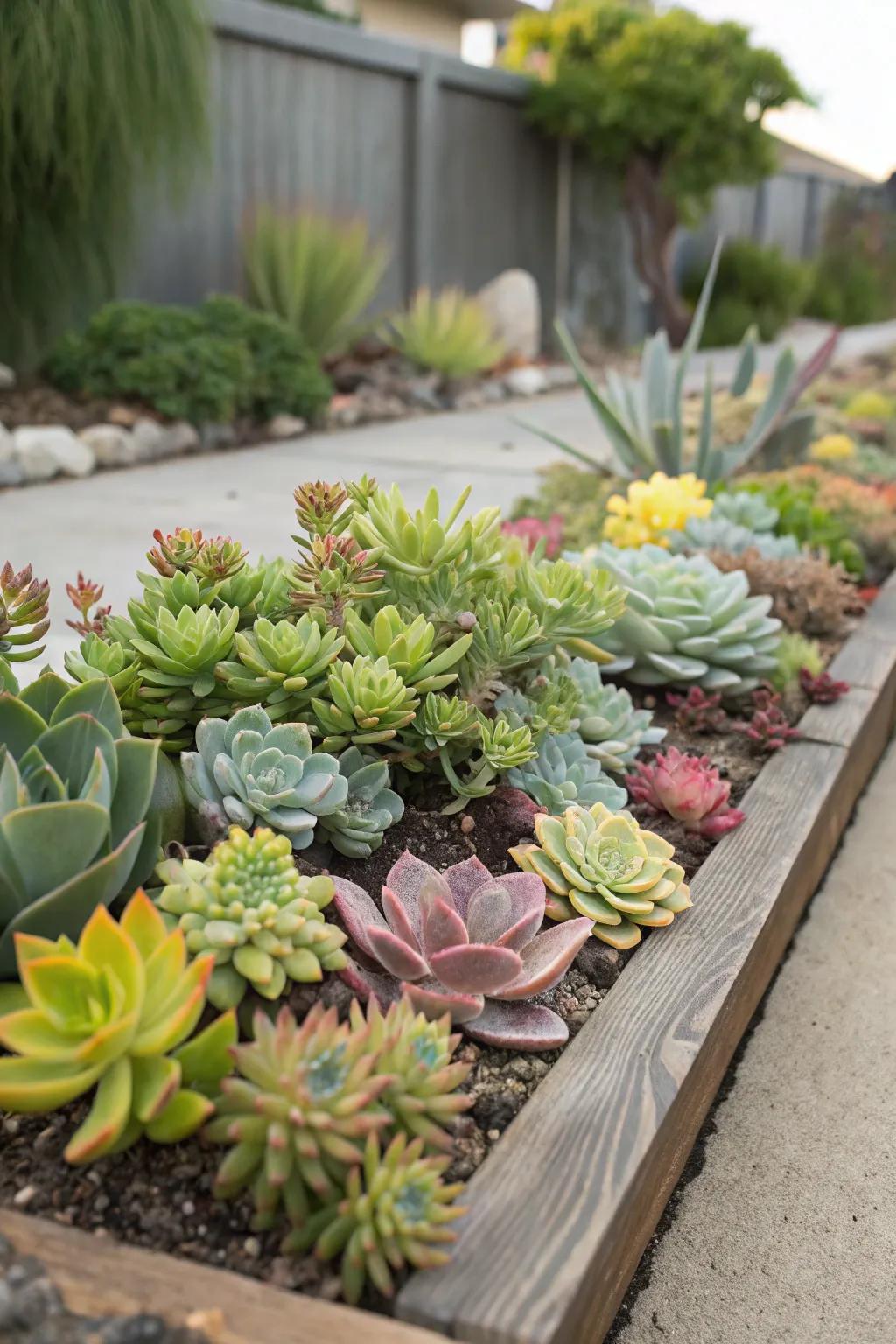 A succulent section offers a unique and low-water garden feature.