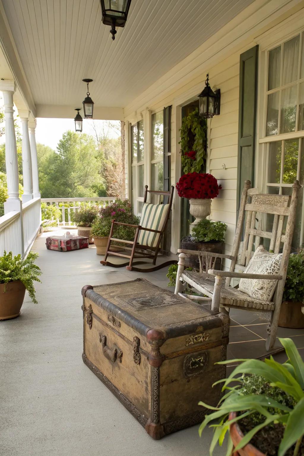 Vintage finds add unique character and charm to the porch.