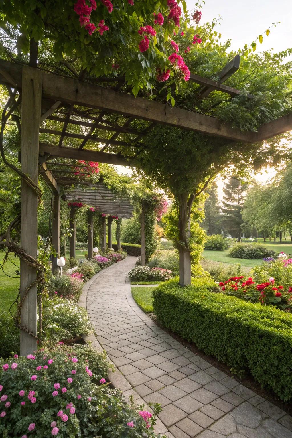 A shaded pergola with flowering vines in a Southwest Florida garden.
