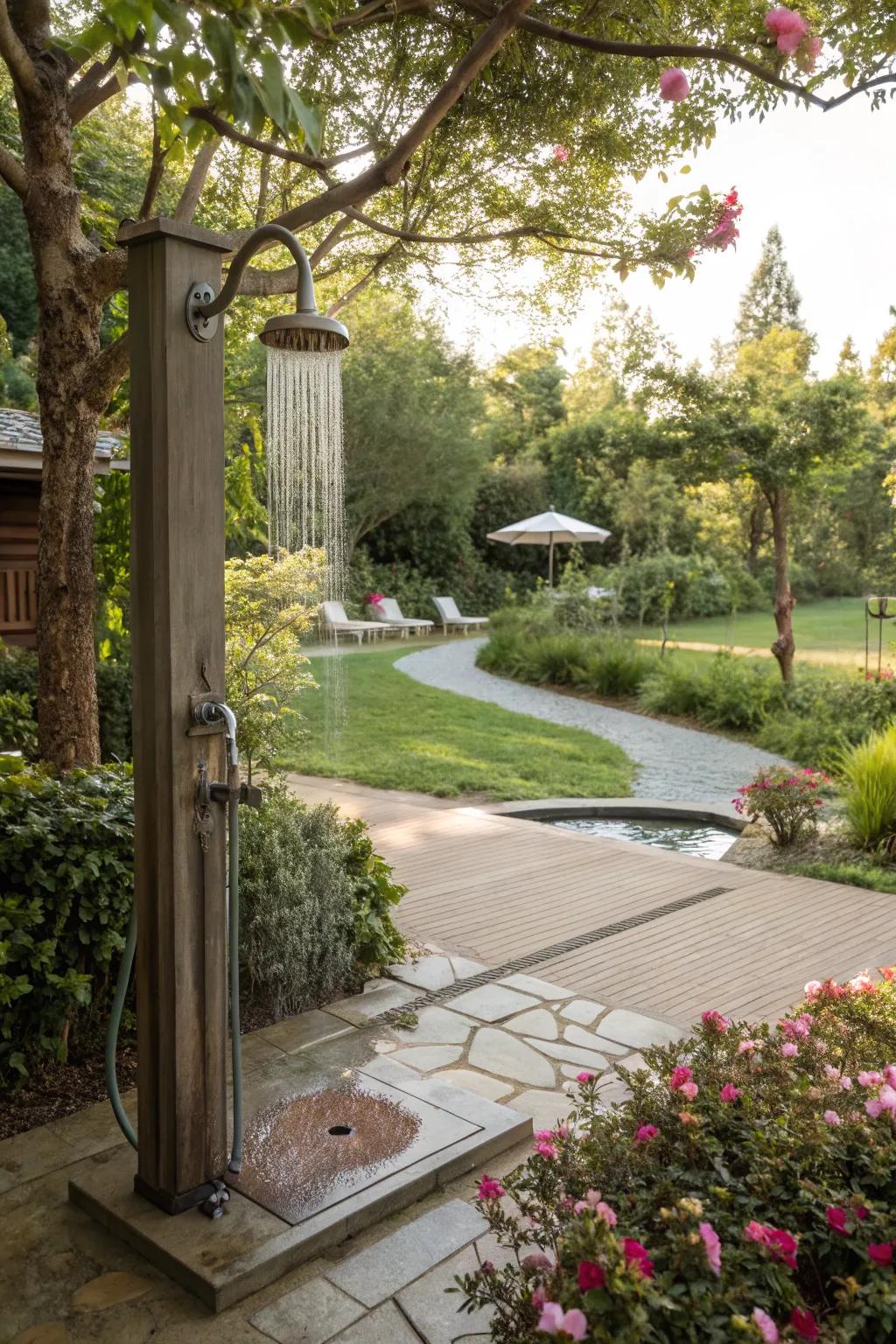 Outdoor showers offer practicality and luxury near your spa.