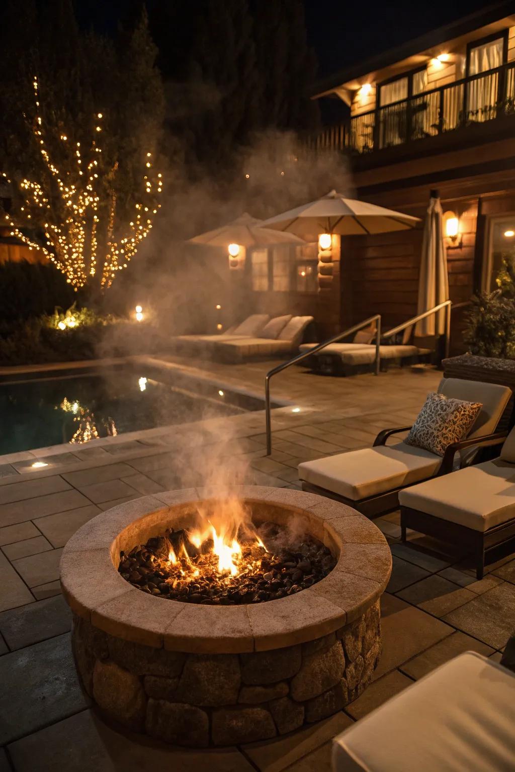 A fire pit adds warmth and a natural glow to the spa area.