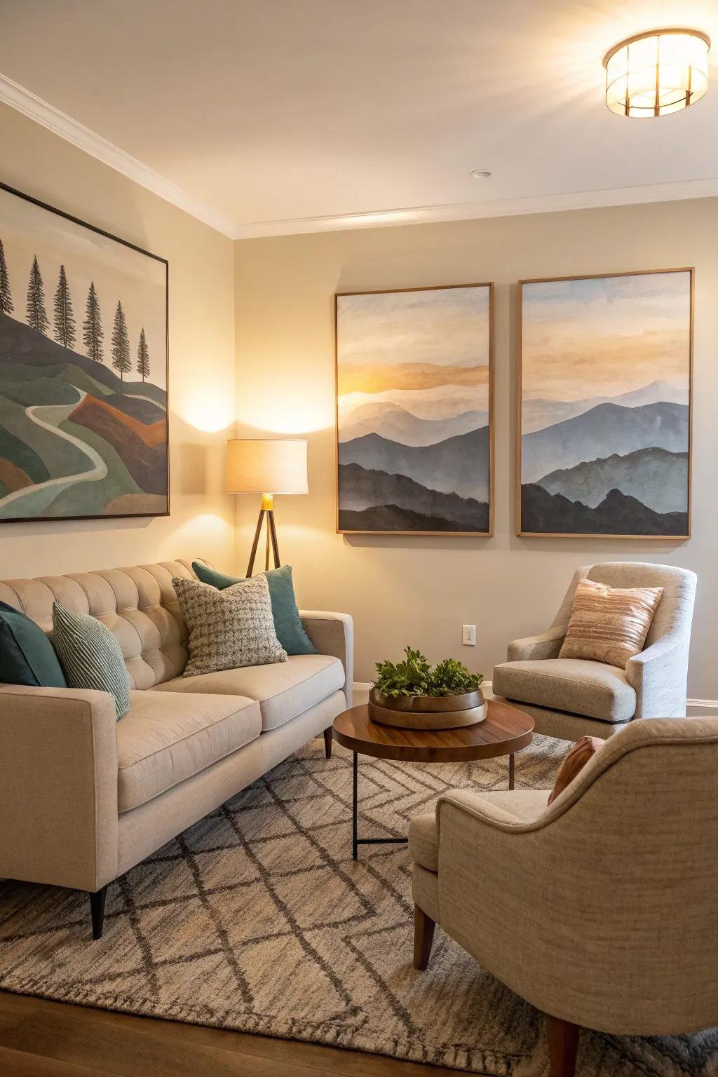 Art pieces contribute to the room's serene atmosphere.