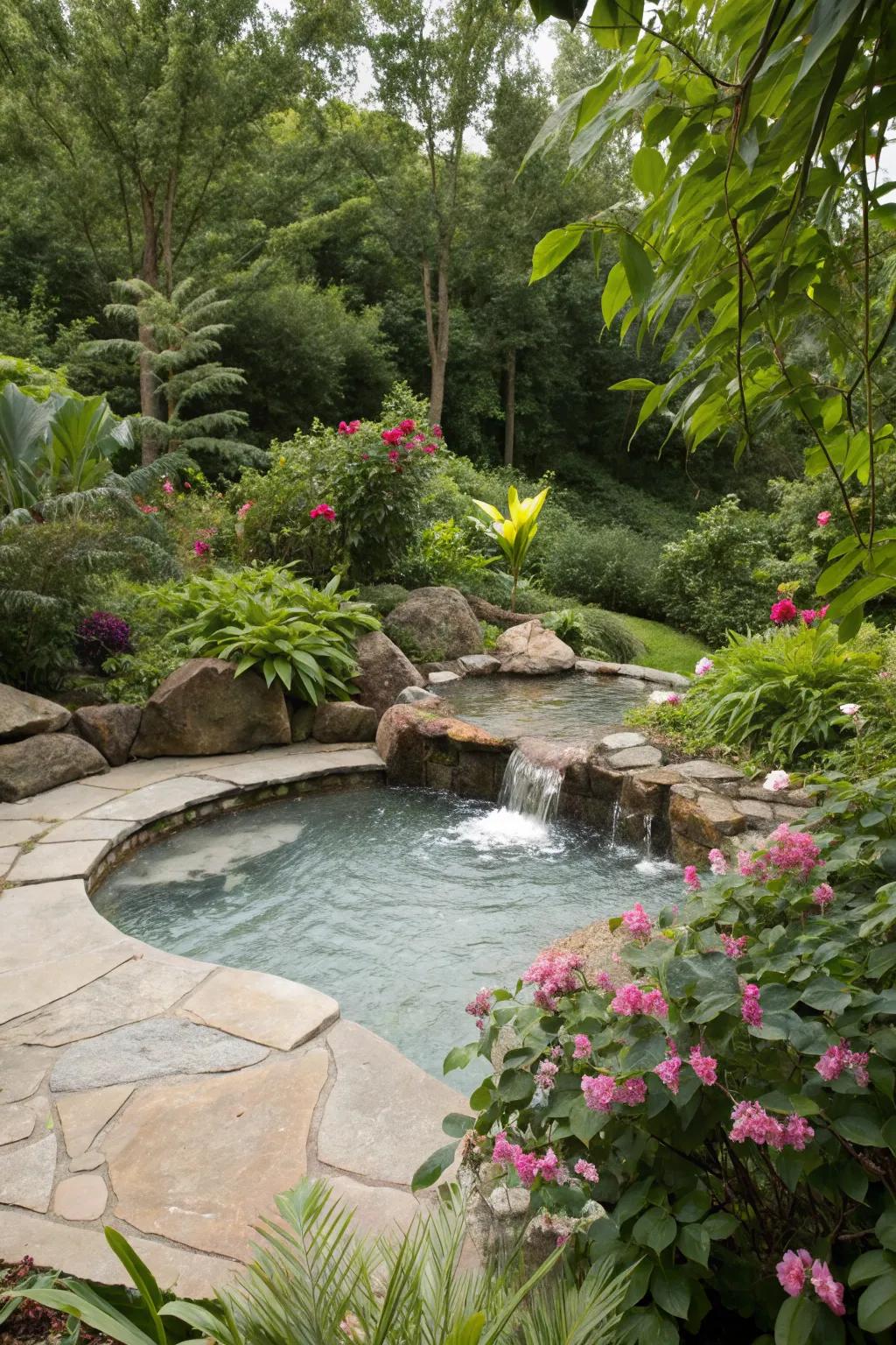 Integrating a natural pond gives your spa spillover an organic and harmonious look.