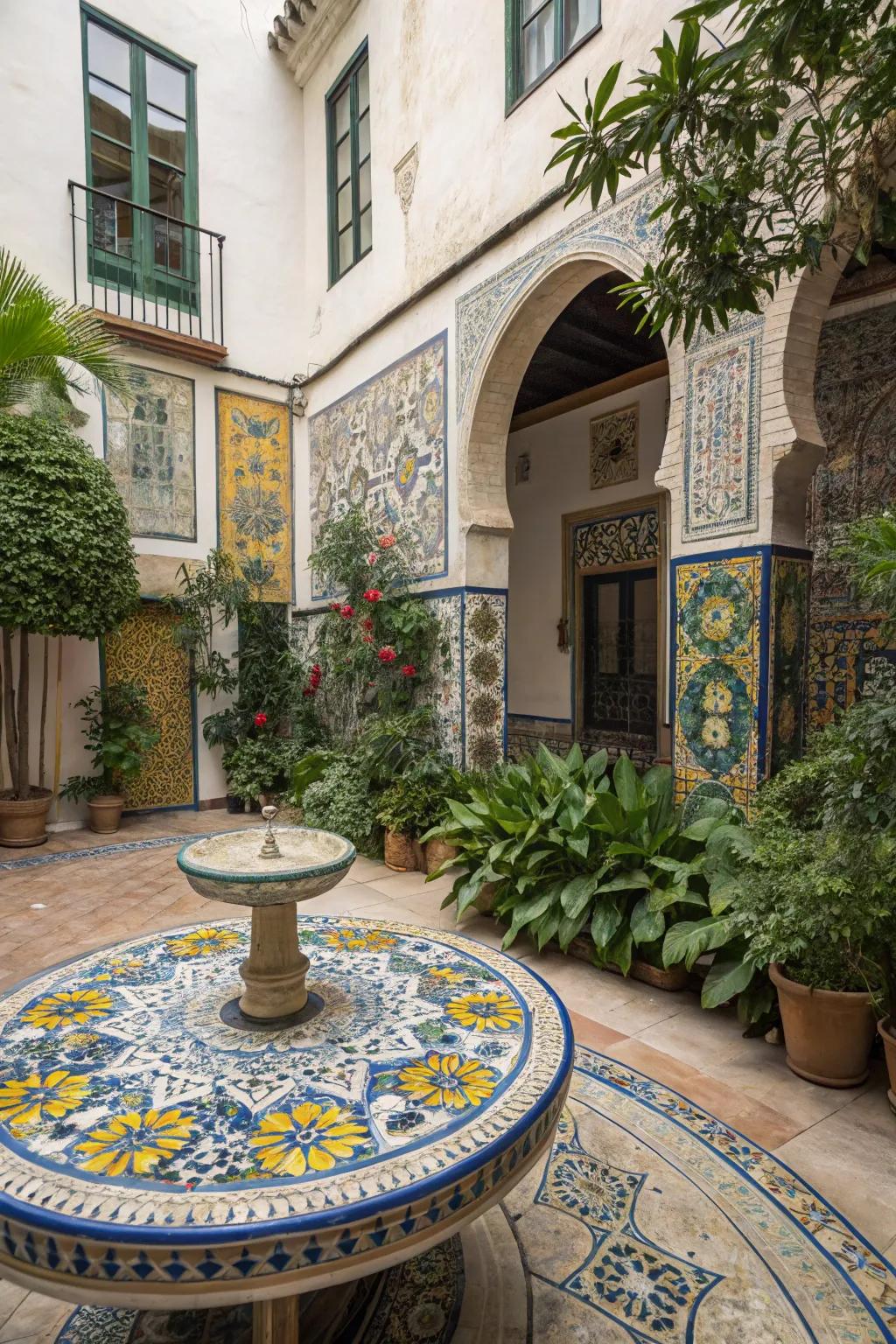 Mosaic elements provide artful bursts of color.
